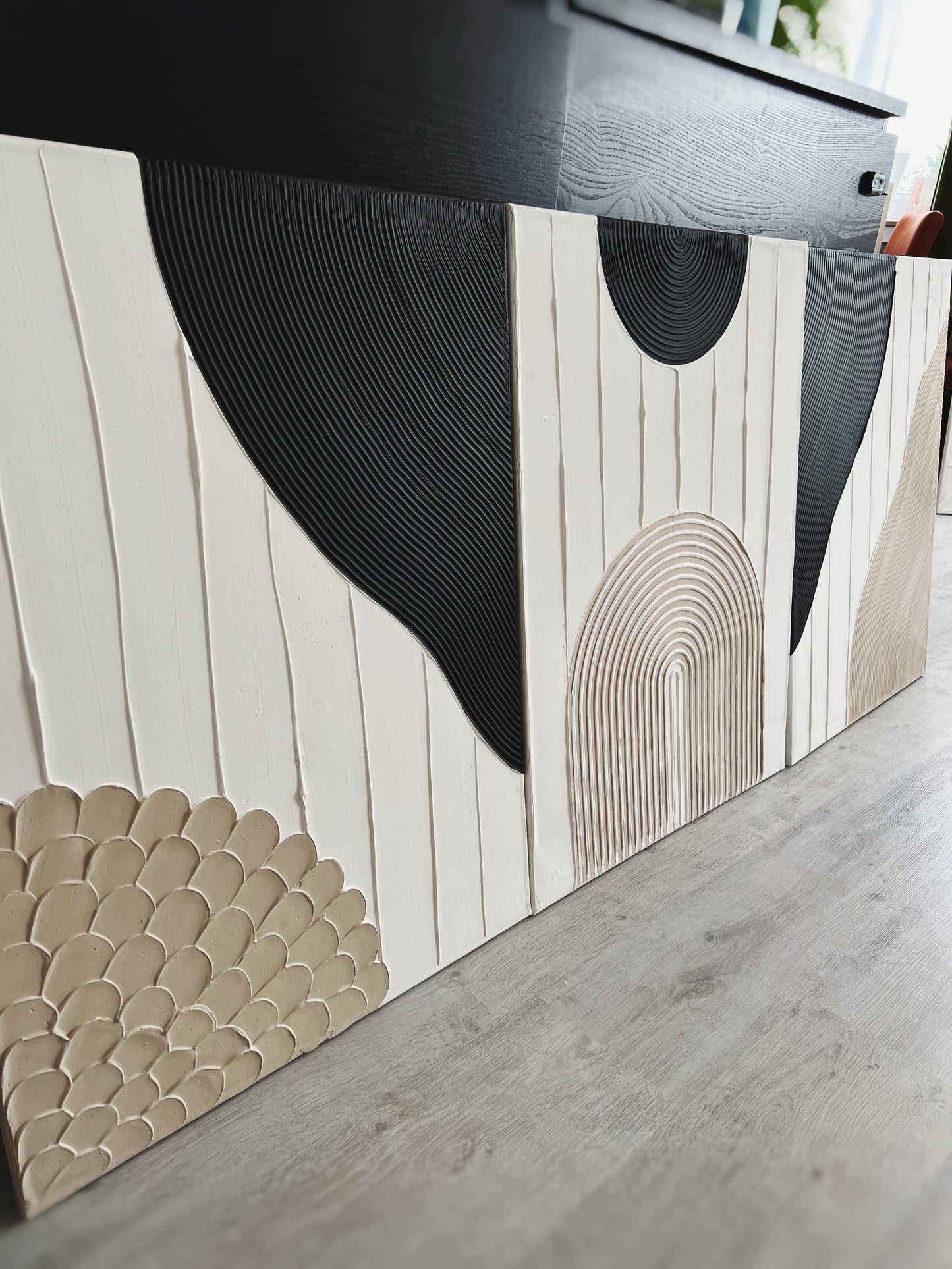 set of three in black, white, and beige – a striking collection of minimalist, modern textured art pieces that bring balance and elegance to any room.