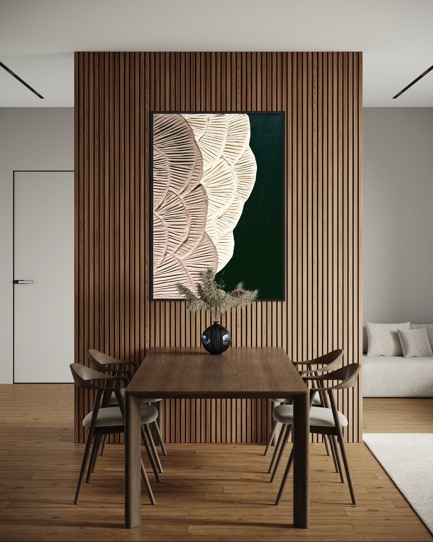 Contemporary botanical wall art in neutral earthy palette with black base