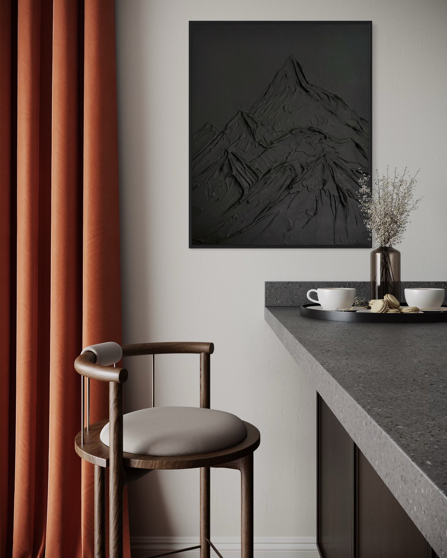 Black textured wall art
Abstract mountain design canvas
Modern 3D monochrome artwork
Minimalist black wall decor
Handcrafted mountain motif art
Large black canvas for living room
Contemporary textured landscape art
Industrial style wall art piece
Unique modern mountain artwork
Bold minimalist black decor
