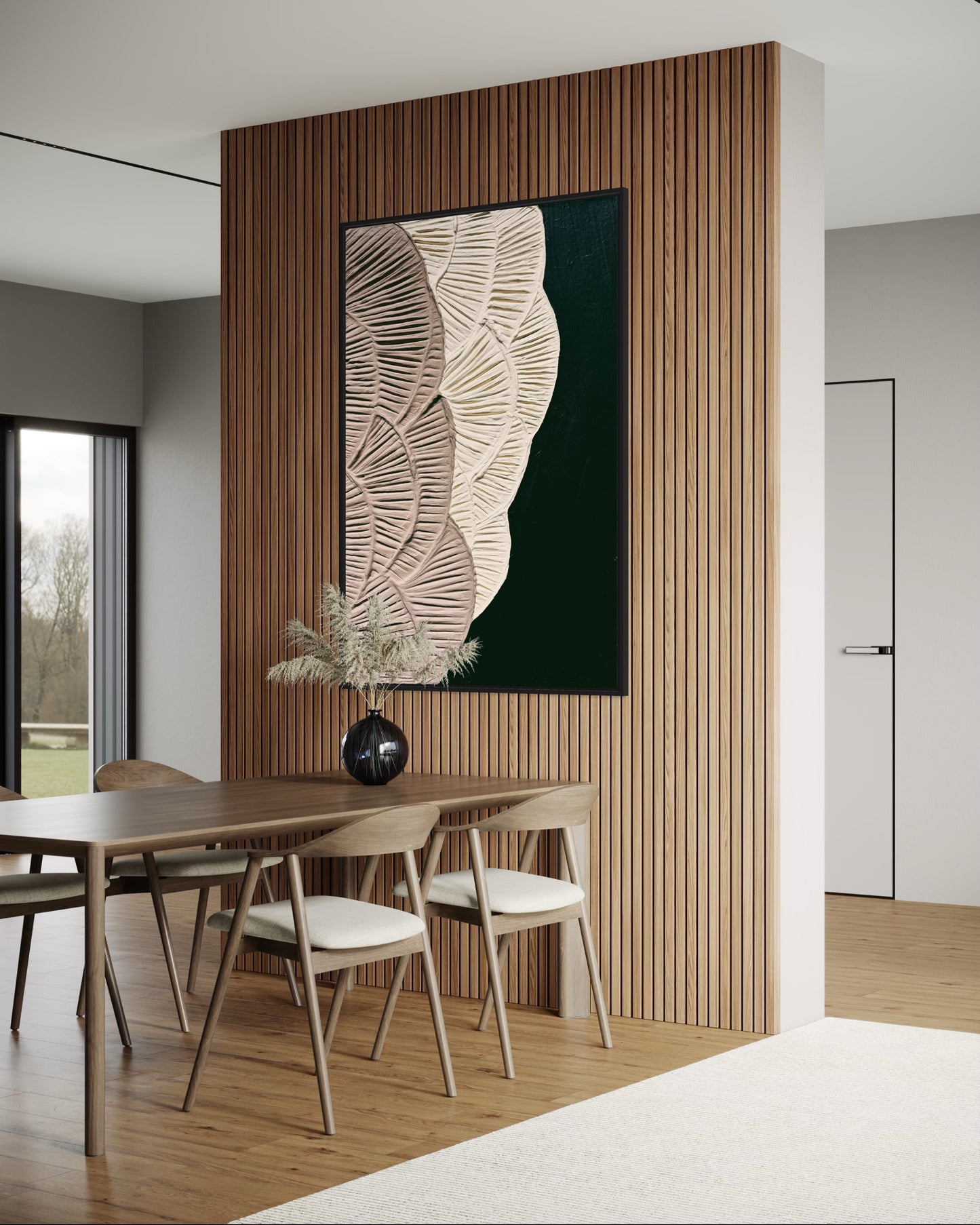 Dimensional wall art piece with cream and mocha texture on dark background