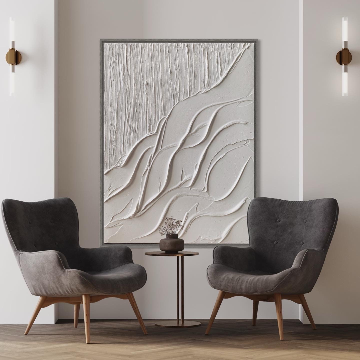 Minimalist white 3D canvas art in modern interior