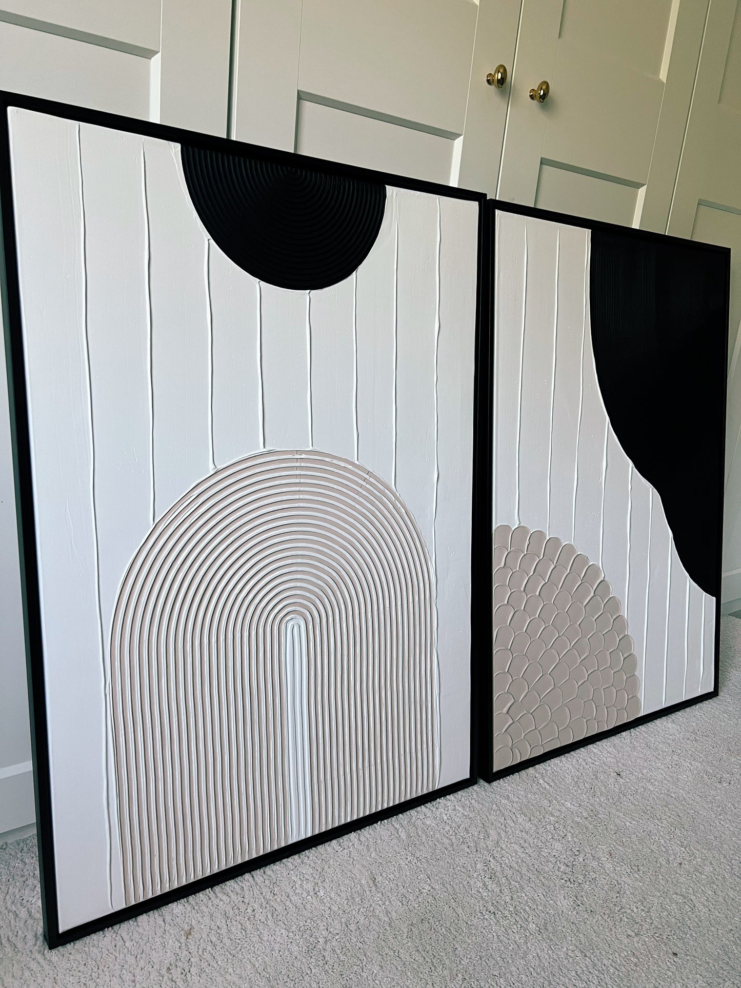 Two minimalist abstract art pieces with geometric patterns on a neutral background