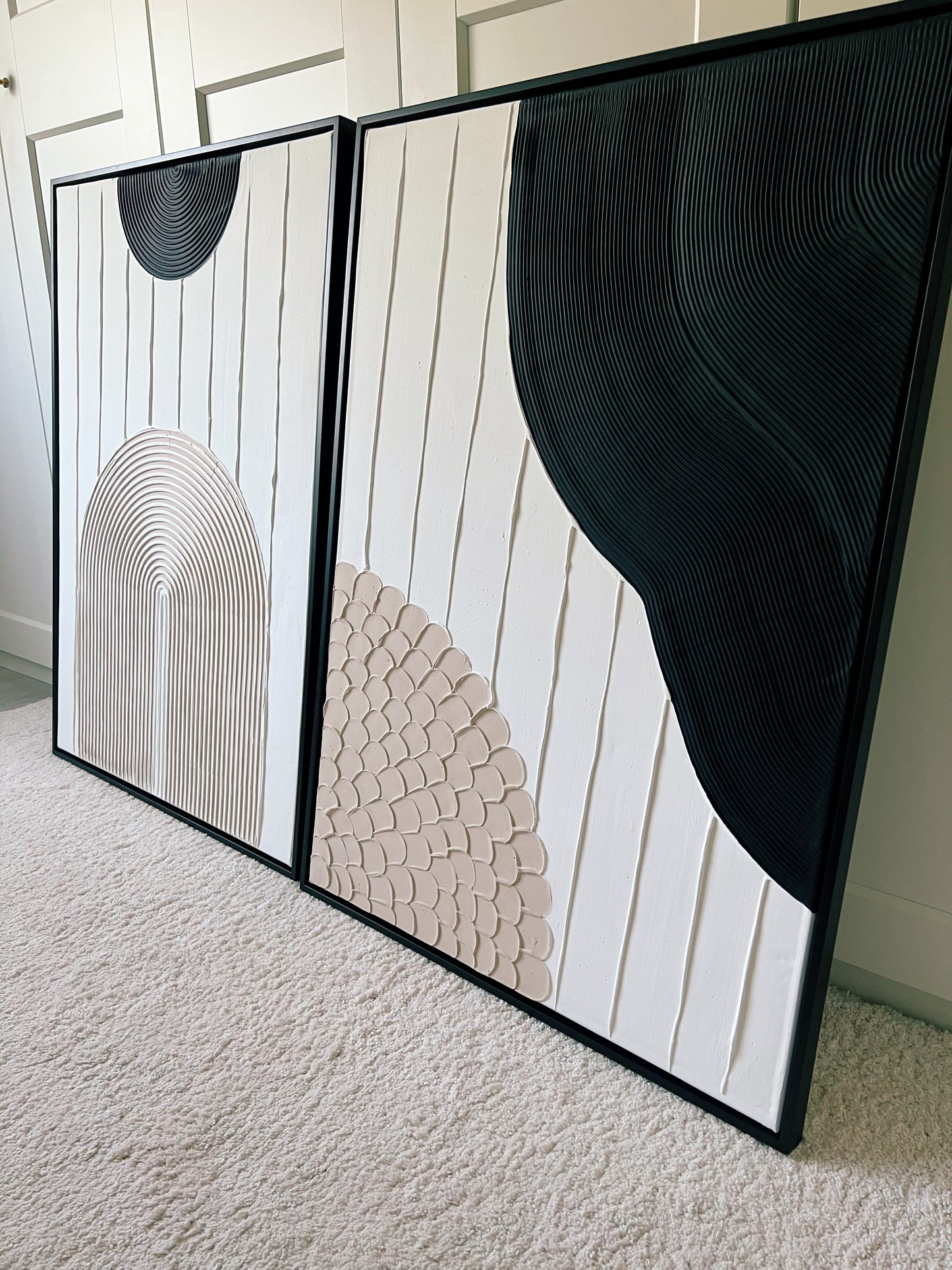 Neutral color textured wall art pair with sculptural detail