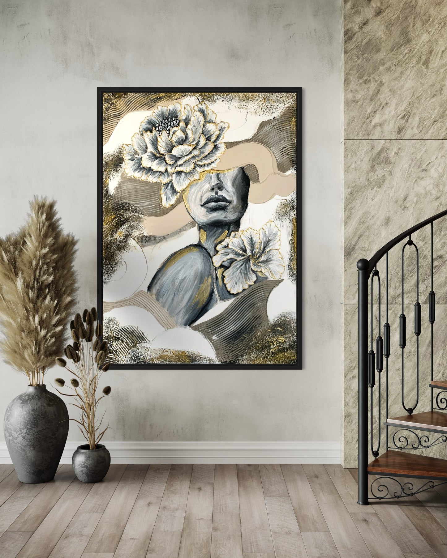 Abstract female figure canvas with sculptural 3D texture and gold