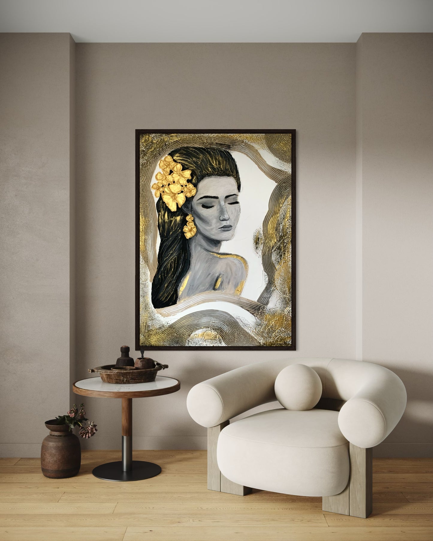 Abstract female figure canvas with sculptural 3D texture and gold accents