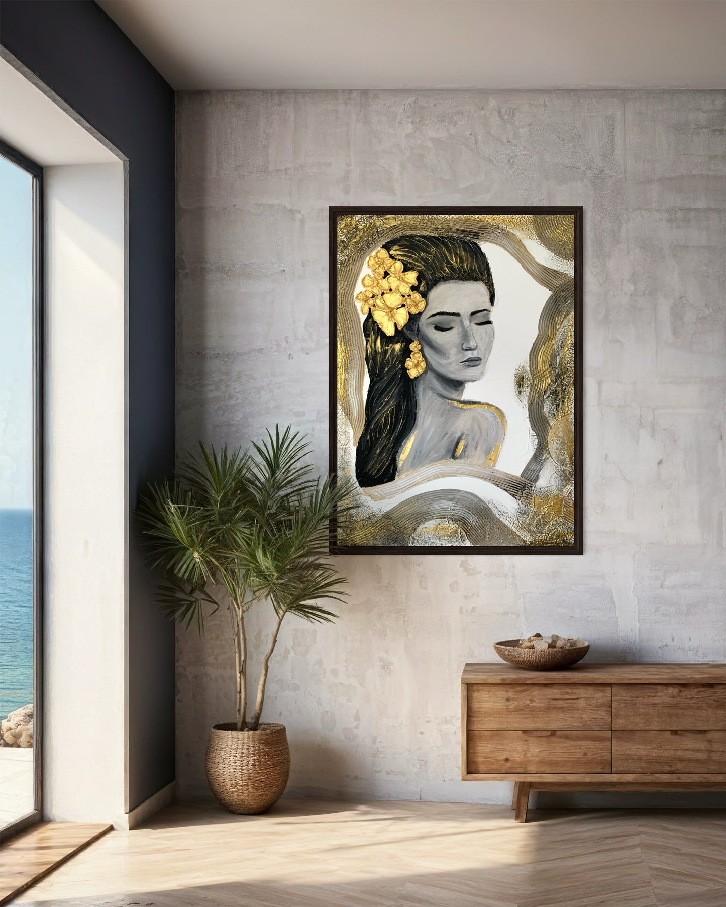 Handcrafted wall art featuring minimalist feminine form in beige and gold