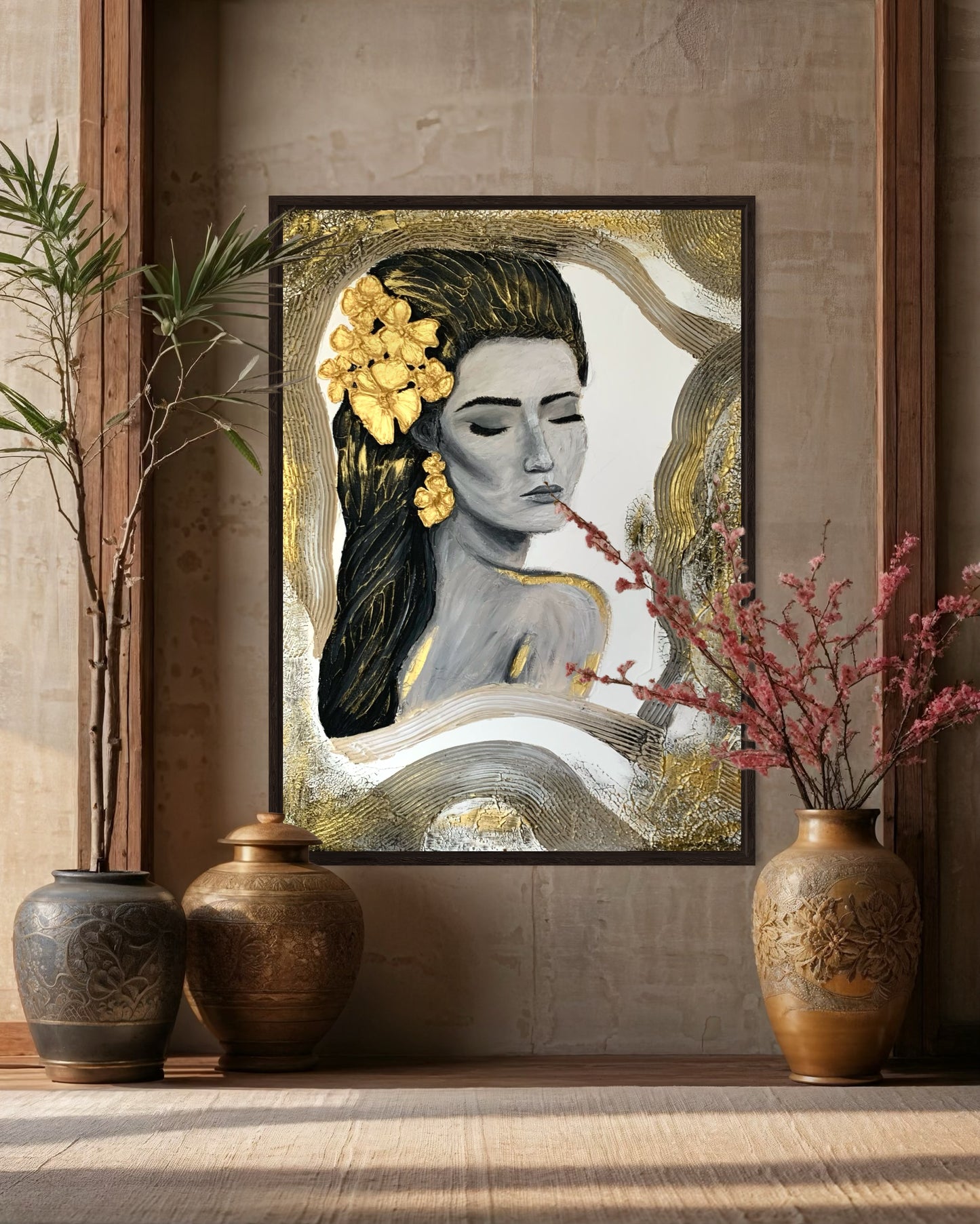 Unique female-inspired canvas art in neutral tones and gold highlights