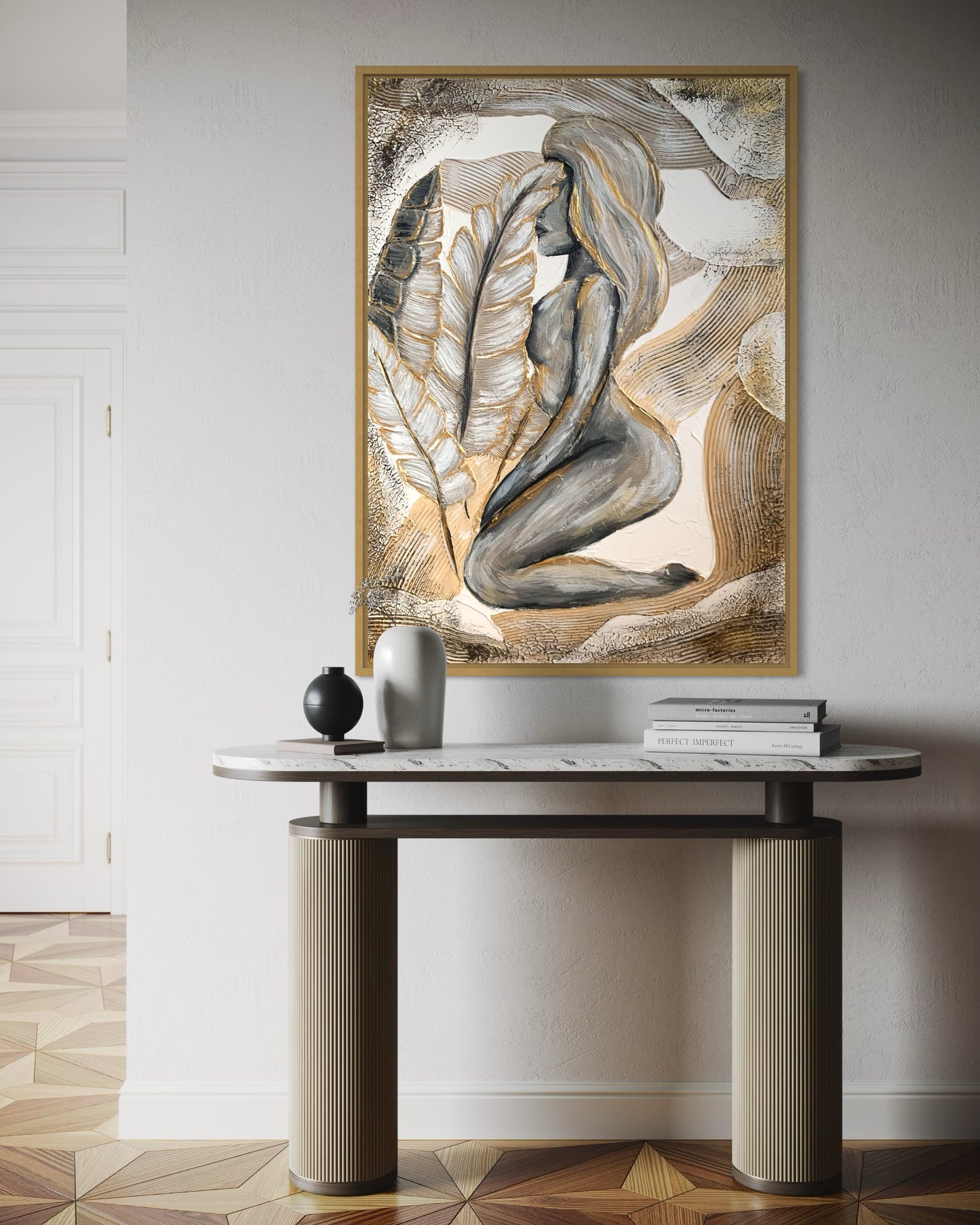 Handcrafted wall art featuring minimalist feminine form in beige and gold