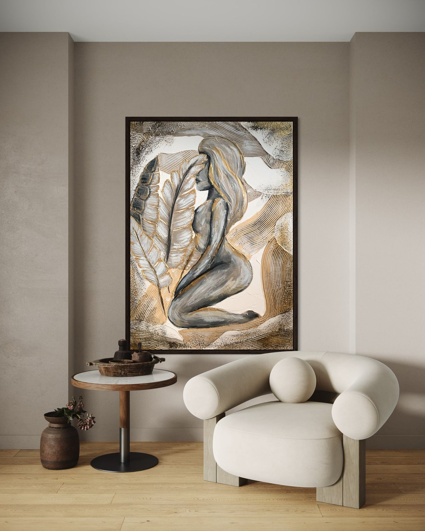 Abstract female figure canvas with sculptural 3D texture and gold accents