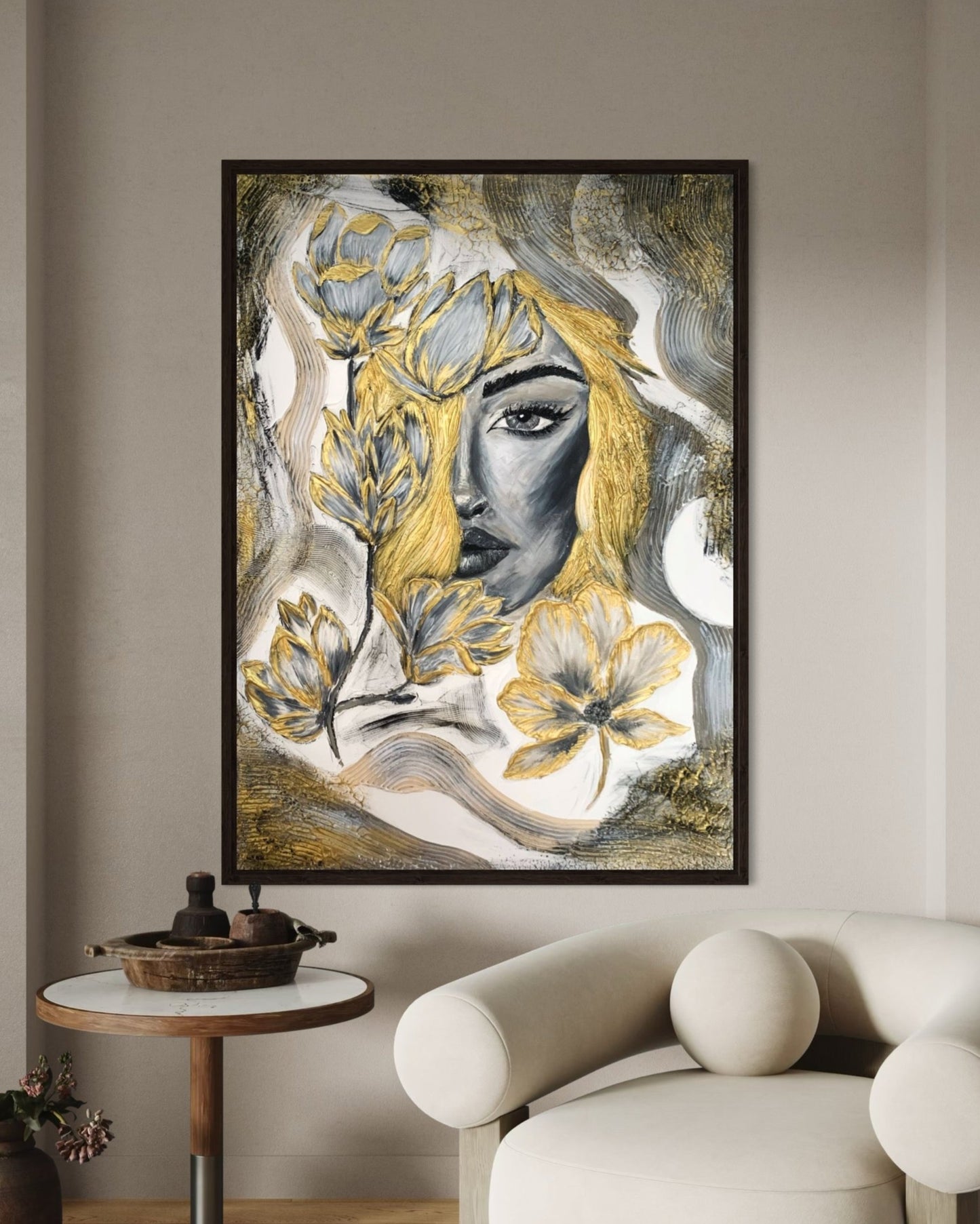 FEMALE textured wall art in soft beige with gold details, 50x70 cm