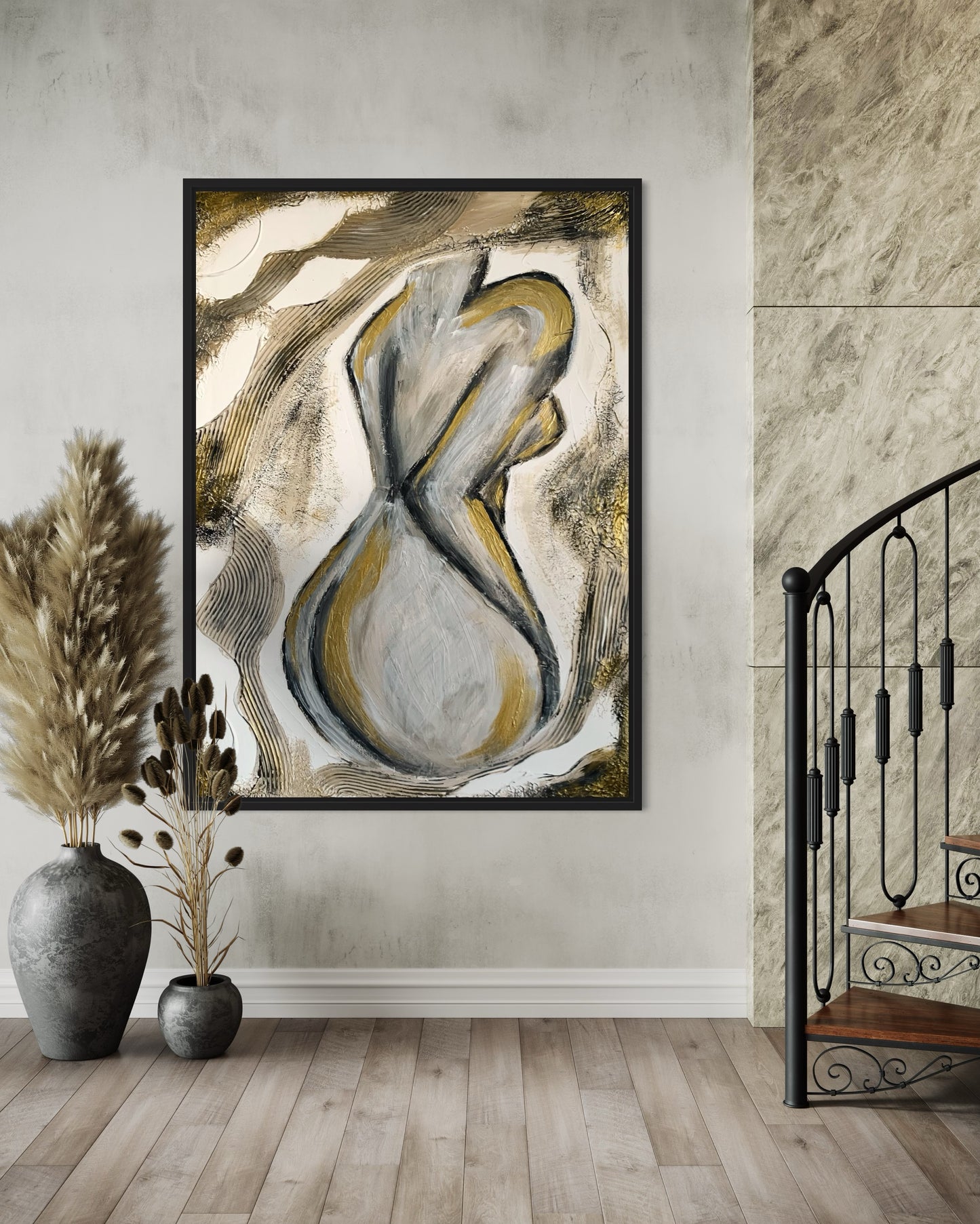 Handcrafted wall art featuring minimalist feminine form in beige and gold