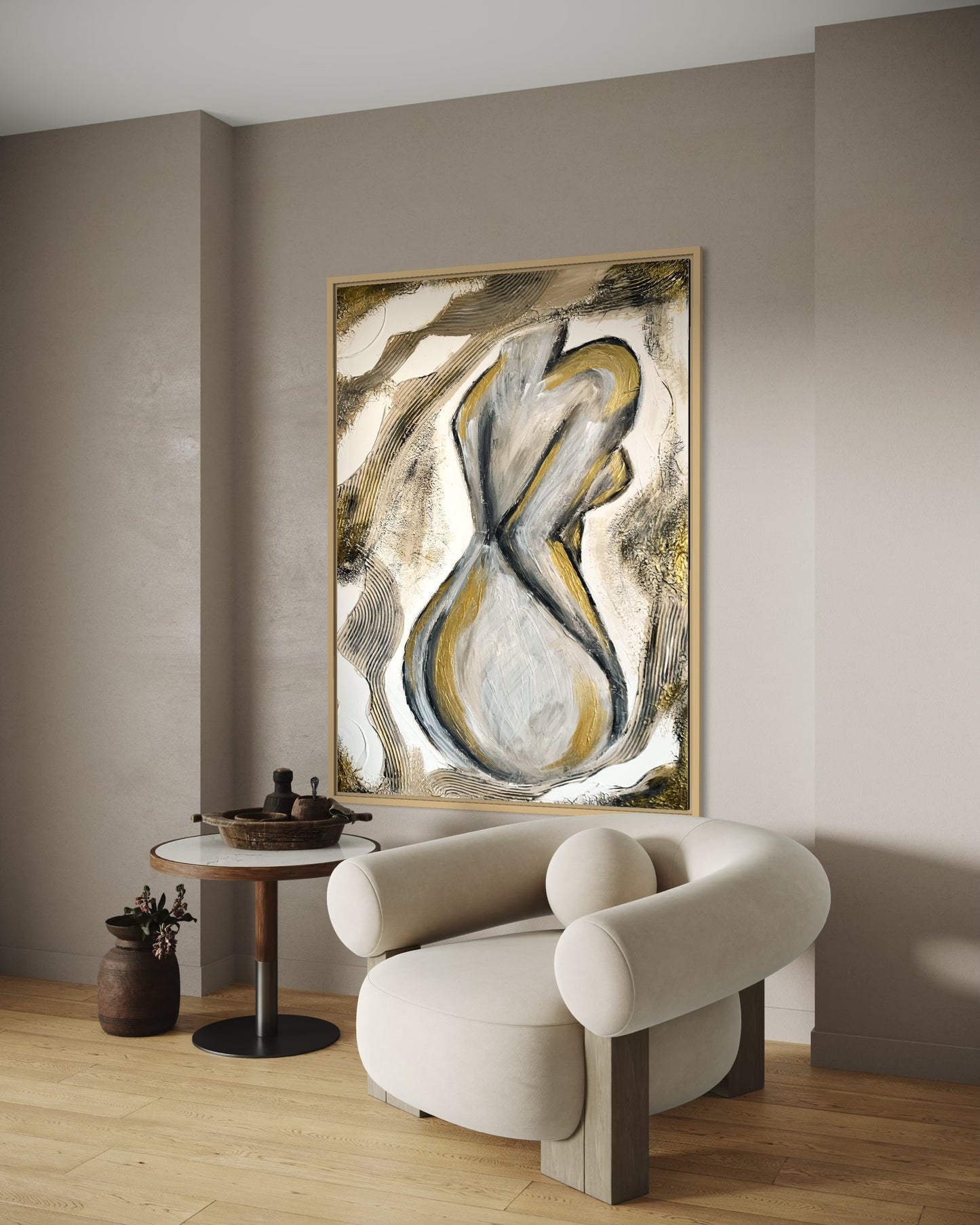 Handcrafted wall art featuring minimalist feminine form in beige and gold