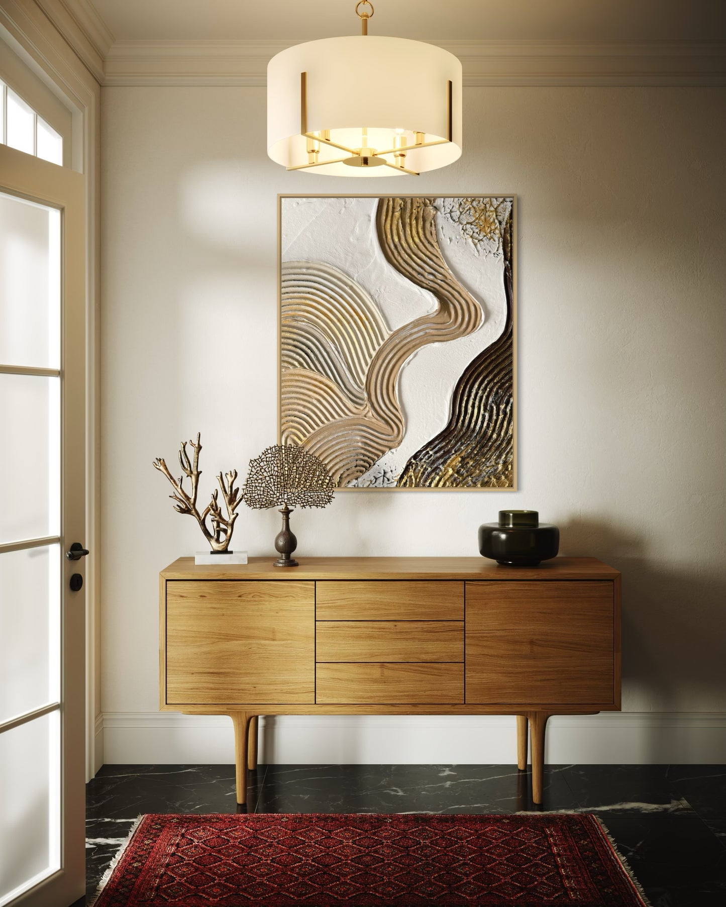 Wooden console table with decorative items and a large 3D abstract painting in a room.