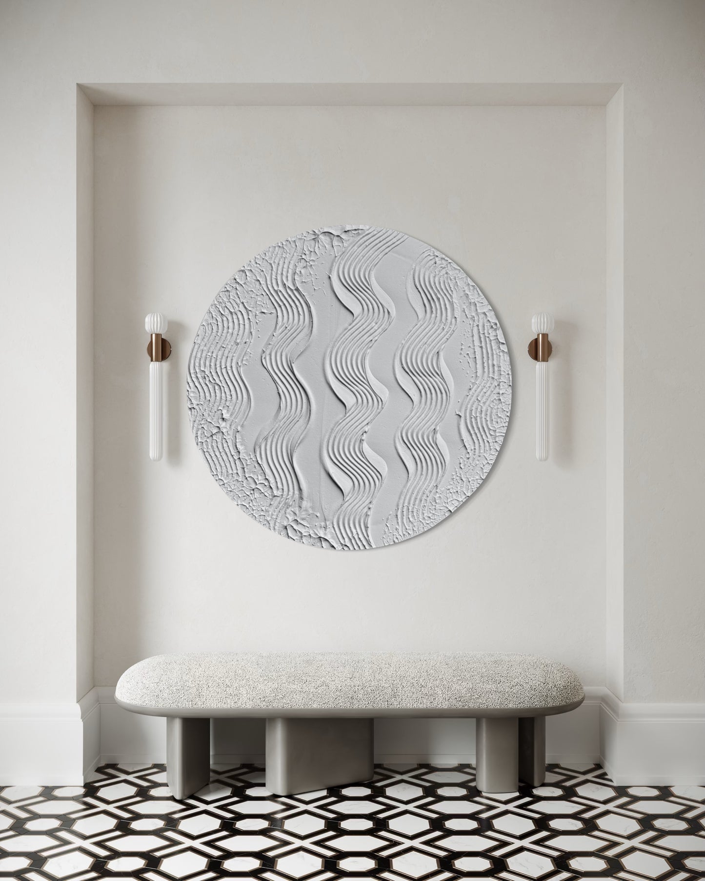 HARMONY V round textured wall art in white. Minimalist artwork for modern living room