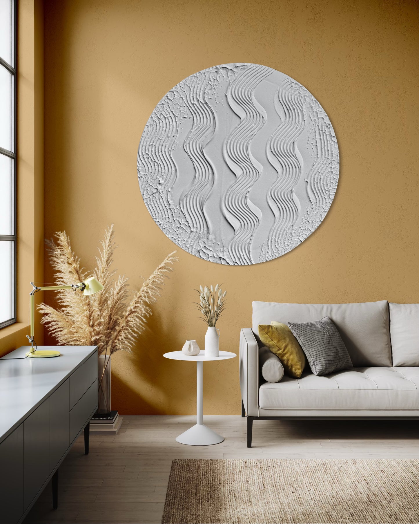 HARMONY V round textured painting in white. Abstract wall art in minimalist style.