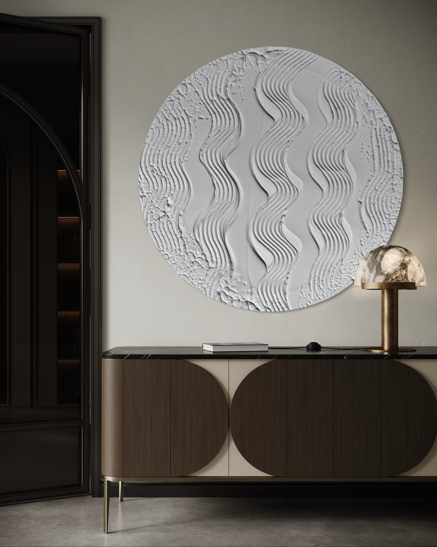 White painting made on stretched round canvas. ready to hang. Textured 3d abstract art perfect for modern interior.