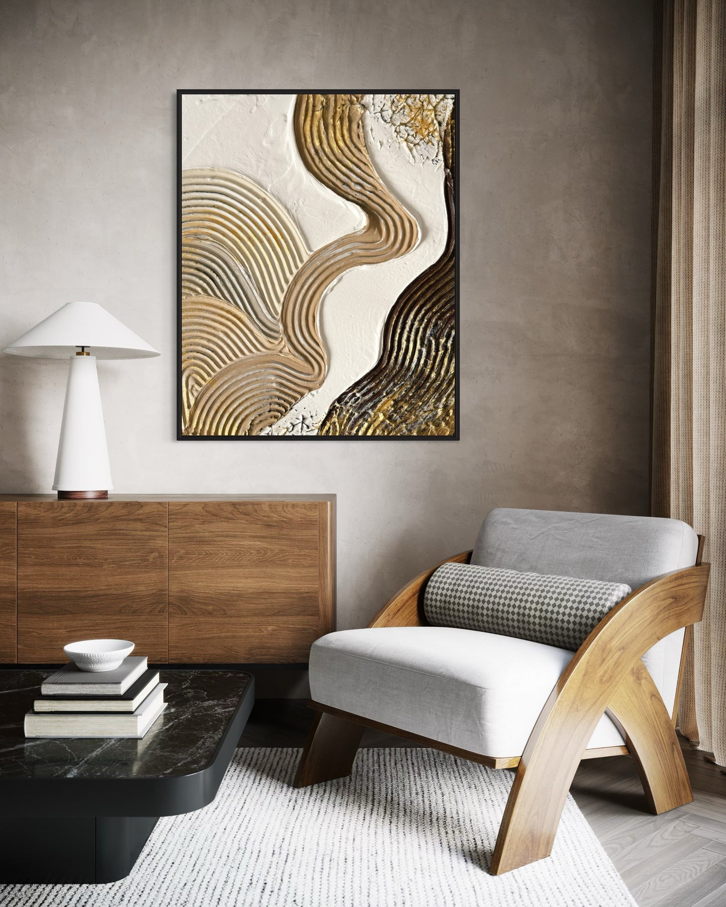 Modern living room with a wooden armchair, coffee table, and abstract wall art.