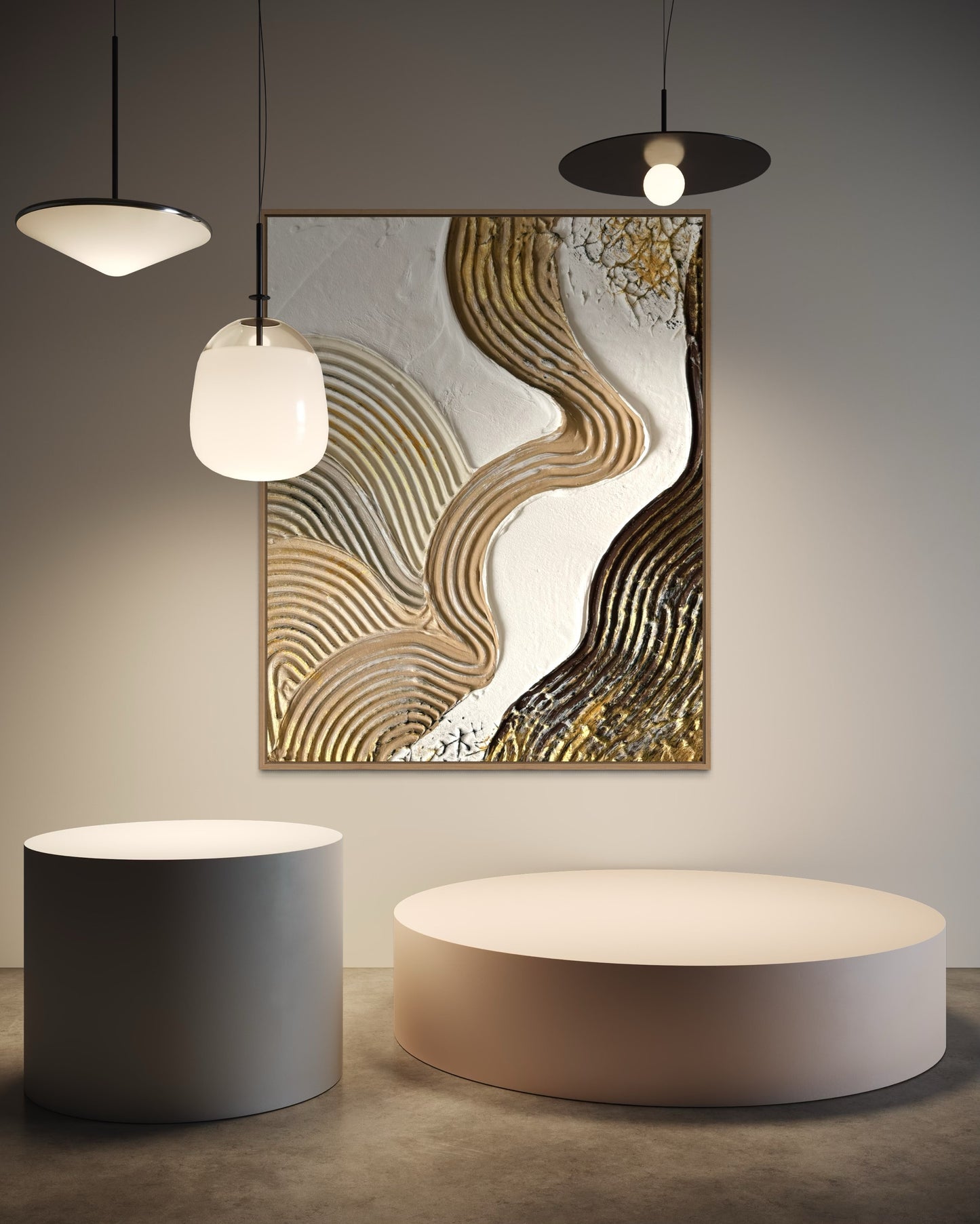 Abstract wall art with wavy patterns in a modern interior setting.