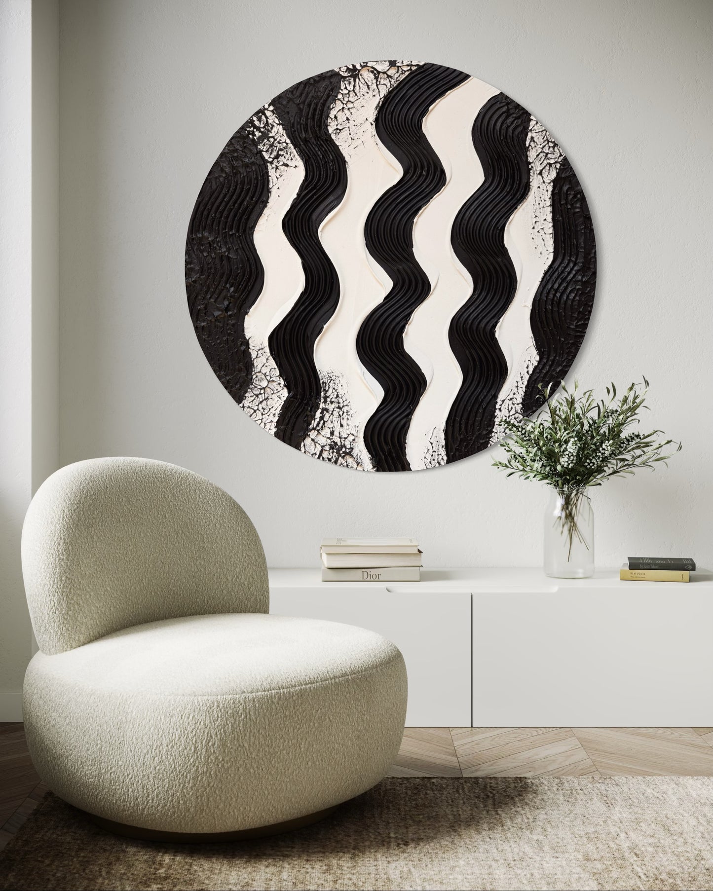 Modern interior with a textured wall art piece and a beige chair.