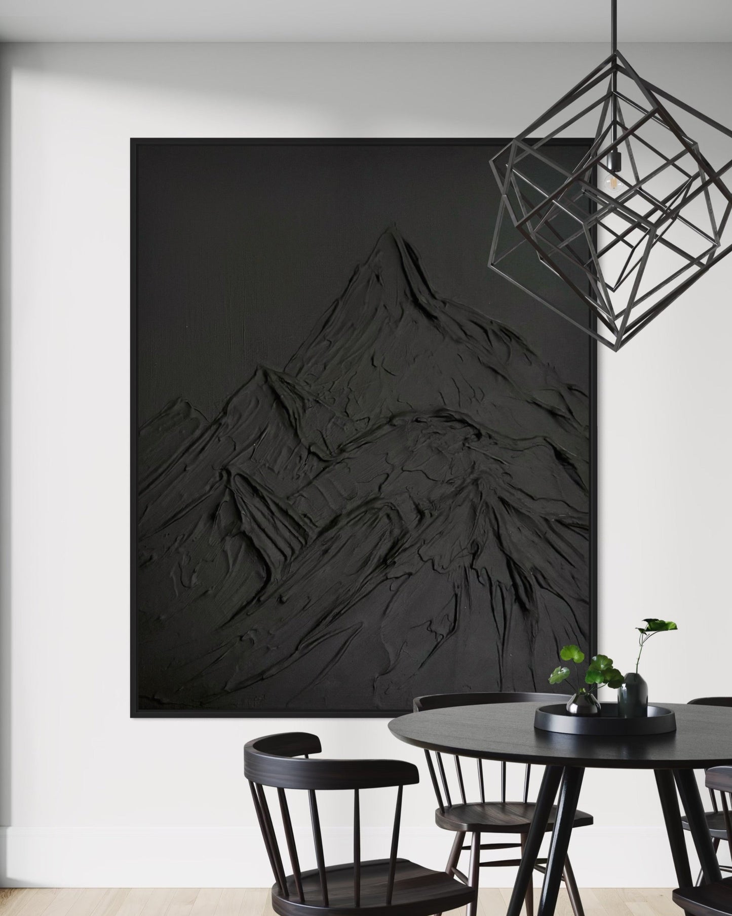 Black textured wall art
Abstract mountain design canvas
Modern 3D monochrome artwork
Minimalist black wall decor
Handcrafted mountain motif art
Large black canvas for living room
Contemporary textured landscape art
Industrial style wall art piece
Unique modern mountain artwork
Bold minimalist black decor