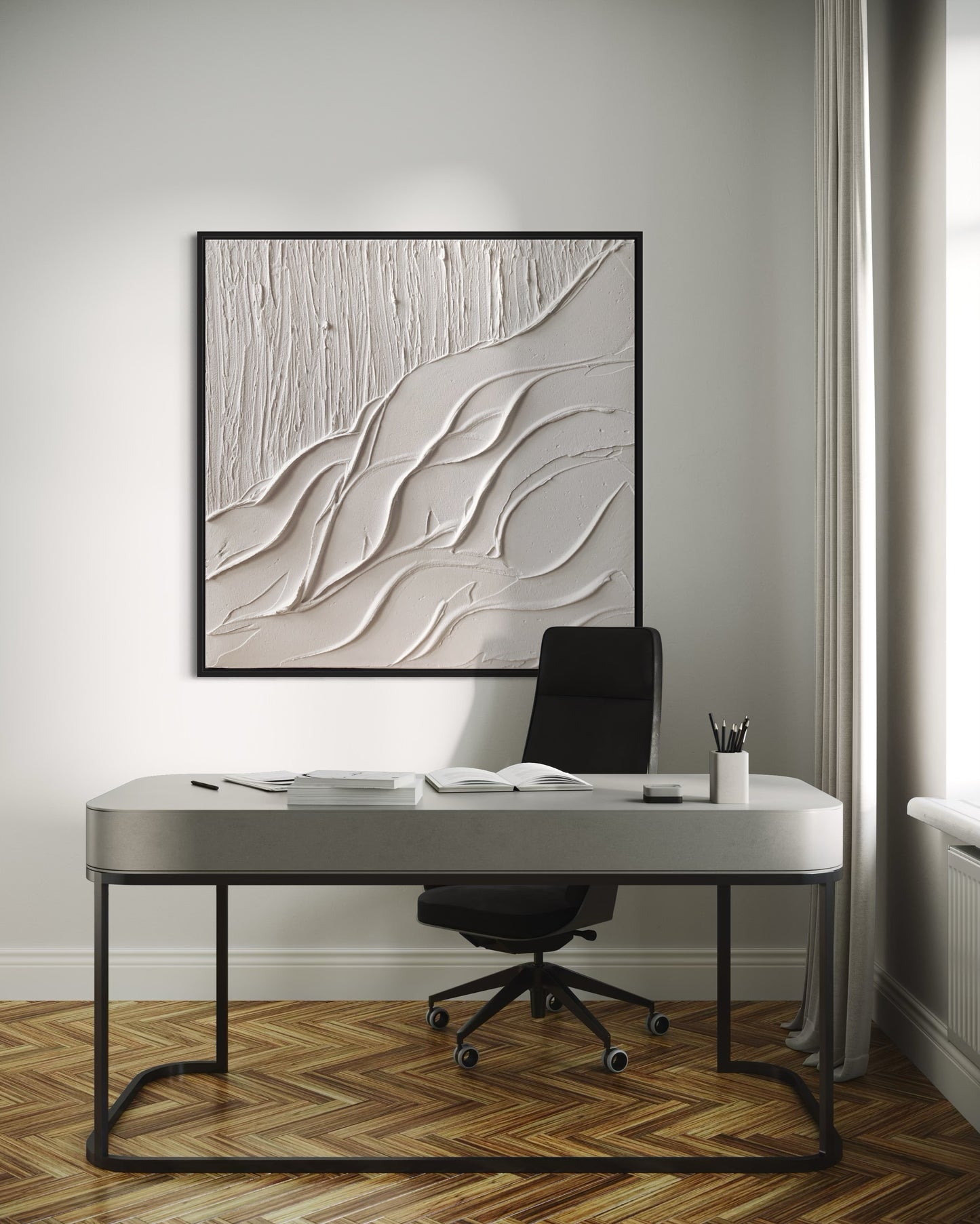 Minimalist white 3D canvas art in modern office interior