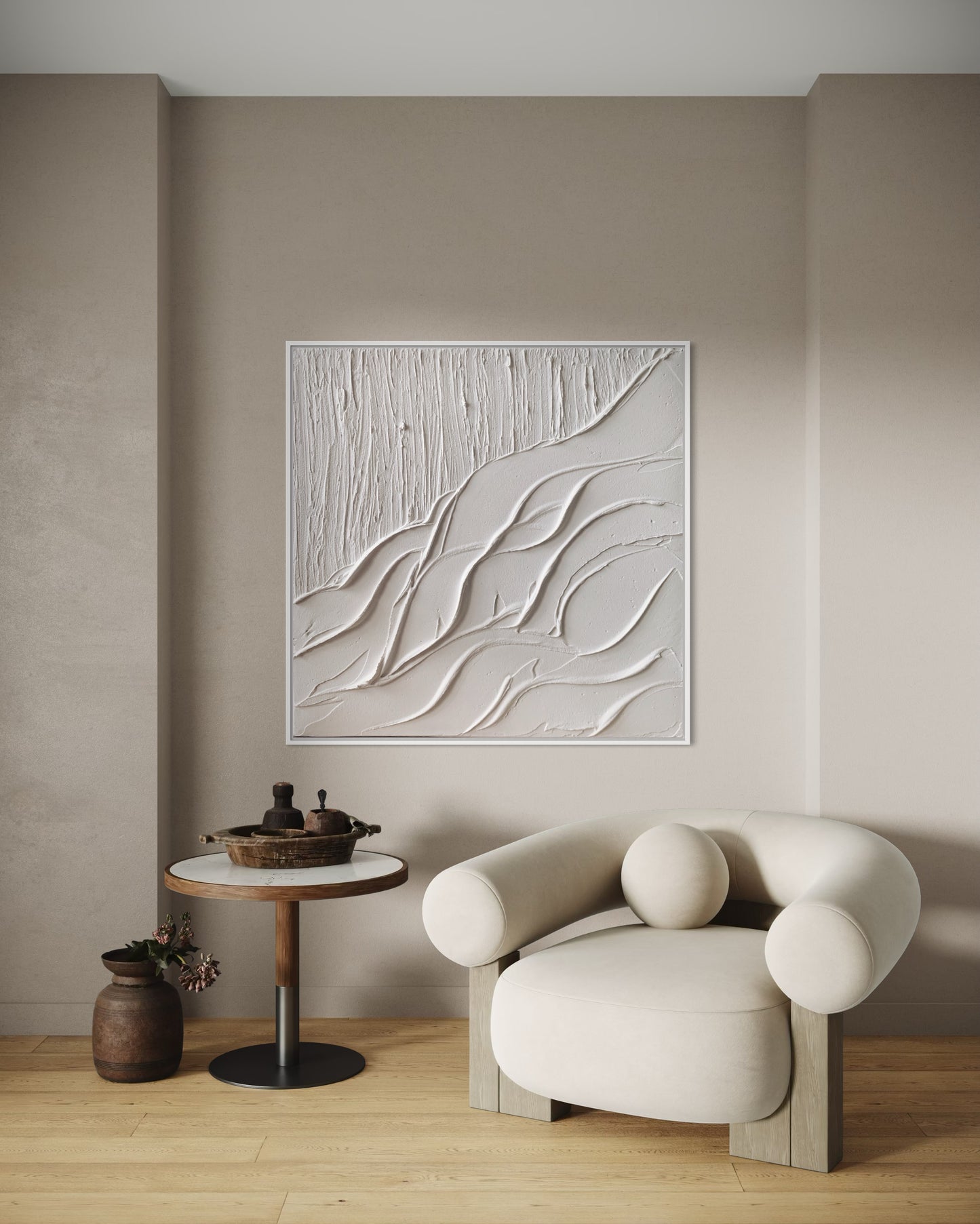 Handcrafted sculptural artwork in white tones
