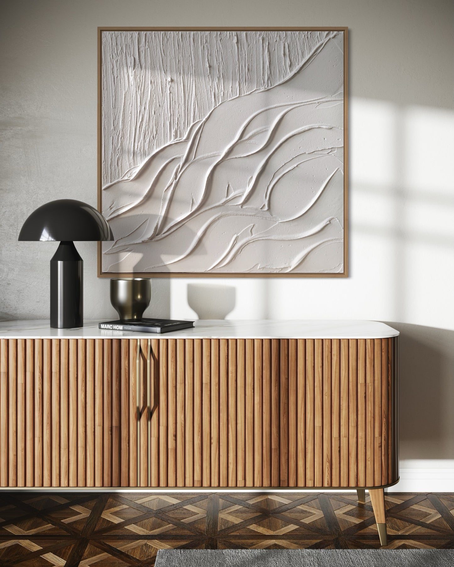 Textured wall decor with flowing wave patterns