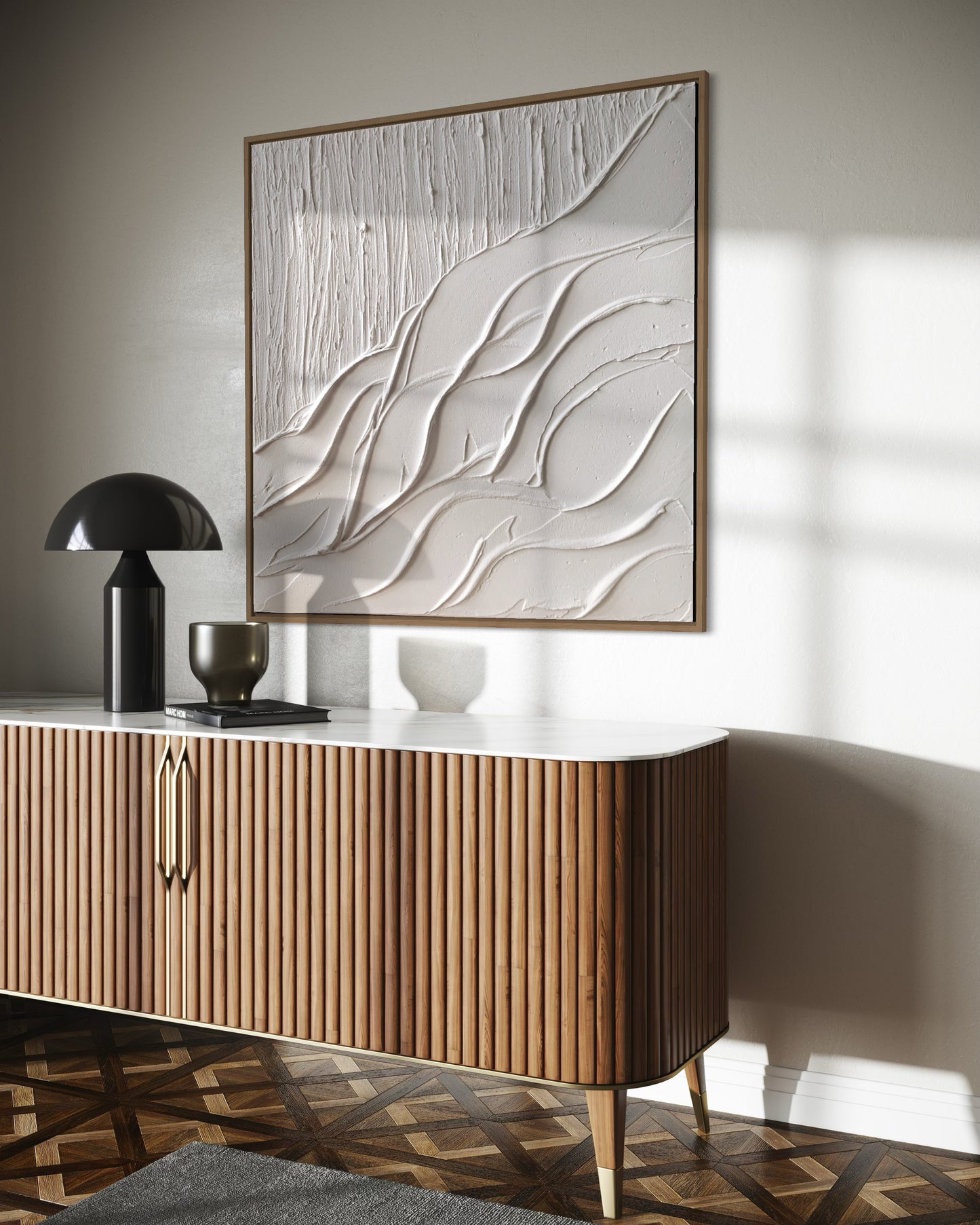 Minimalist white 3D canvas art in modern interior
