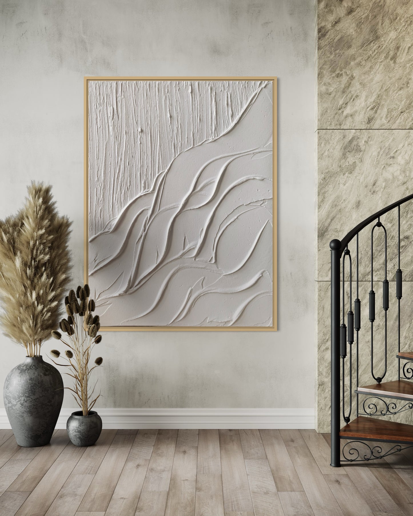 Textured wall decor with flowing wave patterns