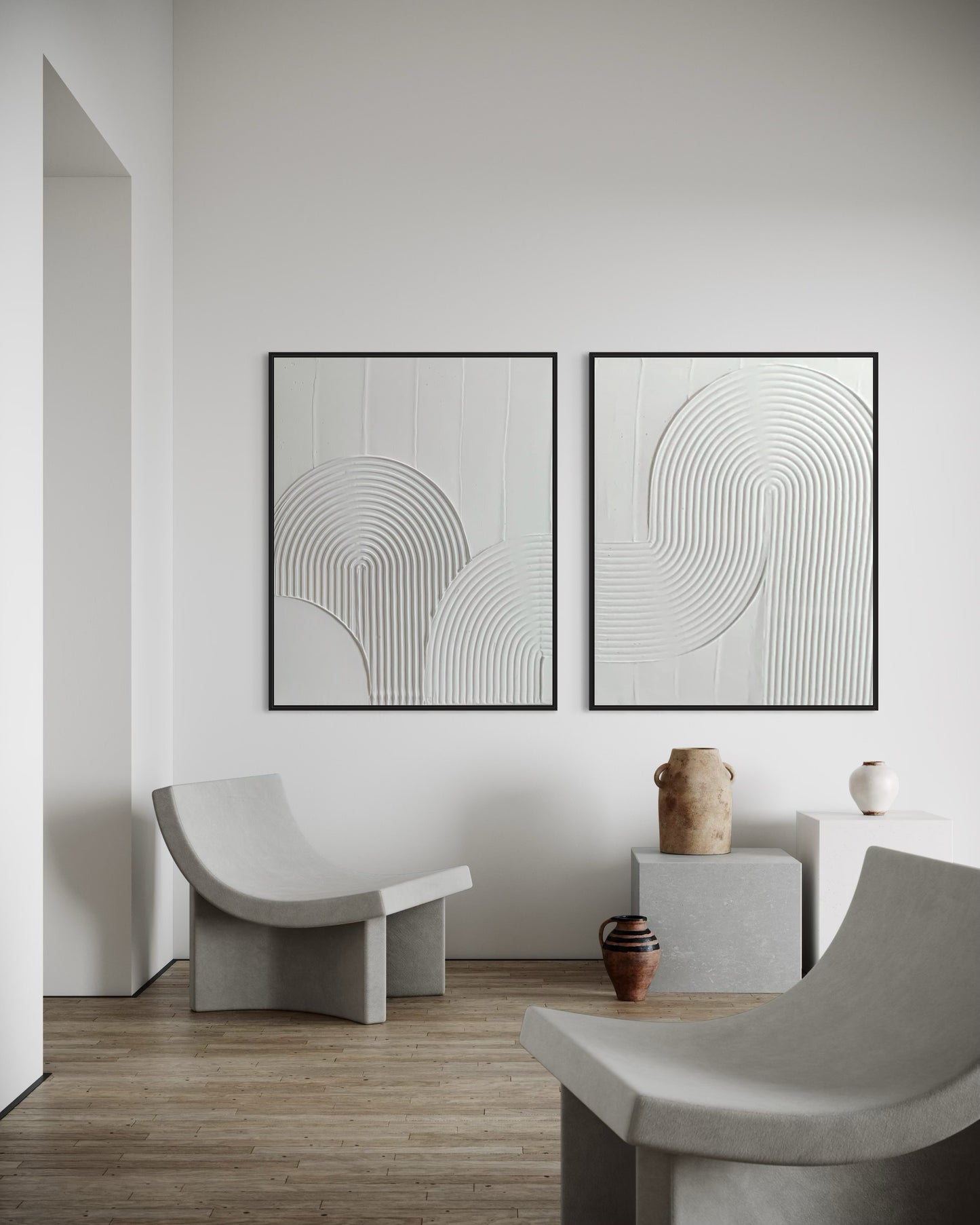 white modern minimalist contemporary 2 set wall art, framed, made on ready to hang canvas, diptych