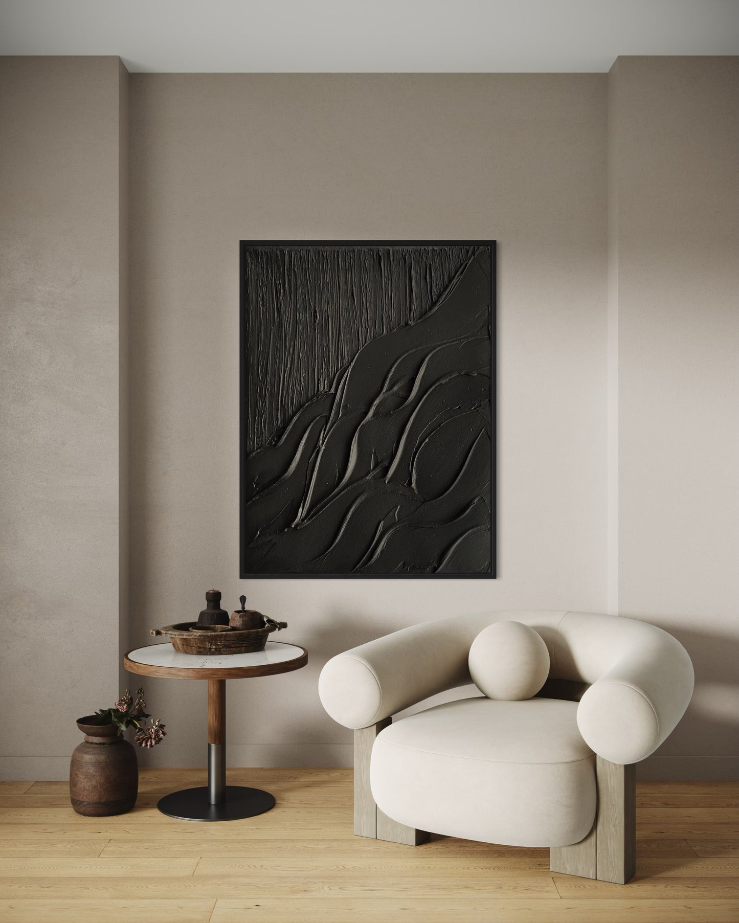 black textured wall art, abstract modern painting made on ready to hang canvas, large wall decor for minimalist, modern, contemporary home interior