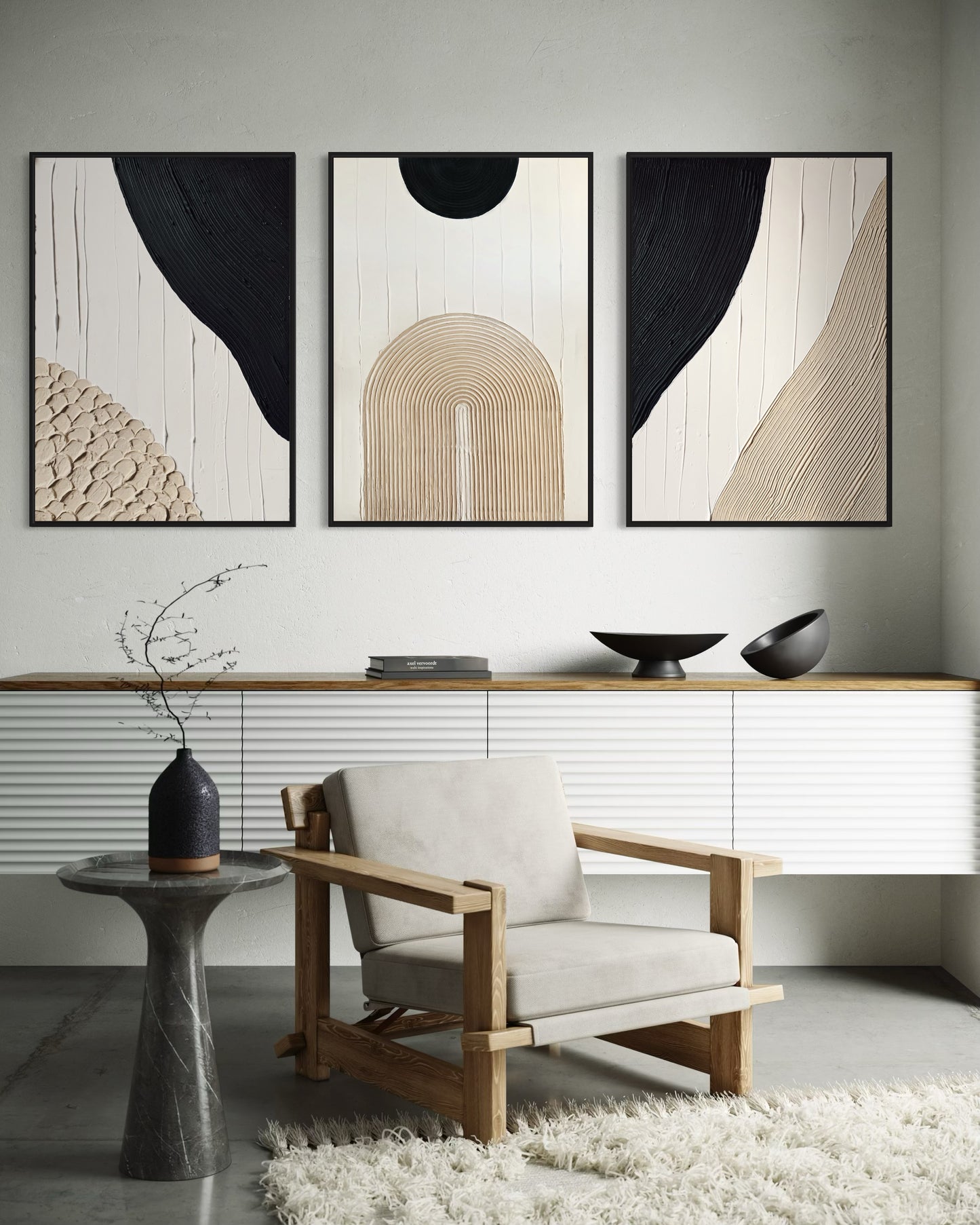 set of three in black, white, and beige – a striking collection of minimalist, modern textured art pieces that bring balance and elegance to any room.