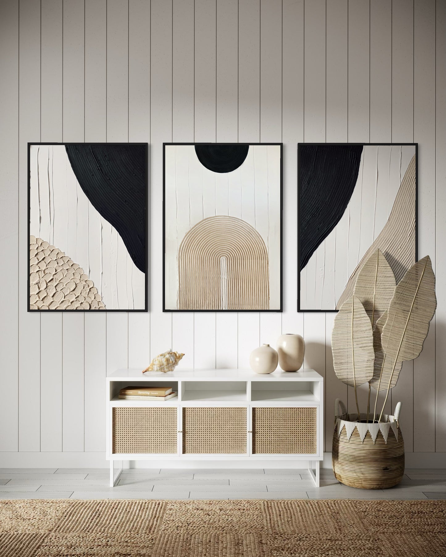 set of three in black, white, and beige – a striking collection of minimalist, modern textured art pieces that bring balance and elegance to any room.