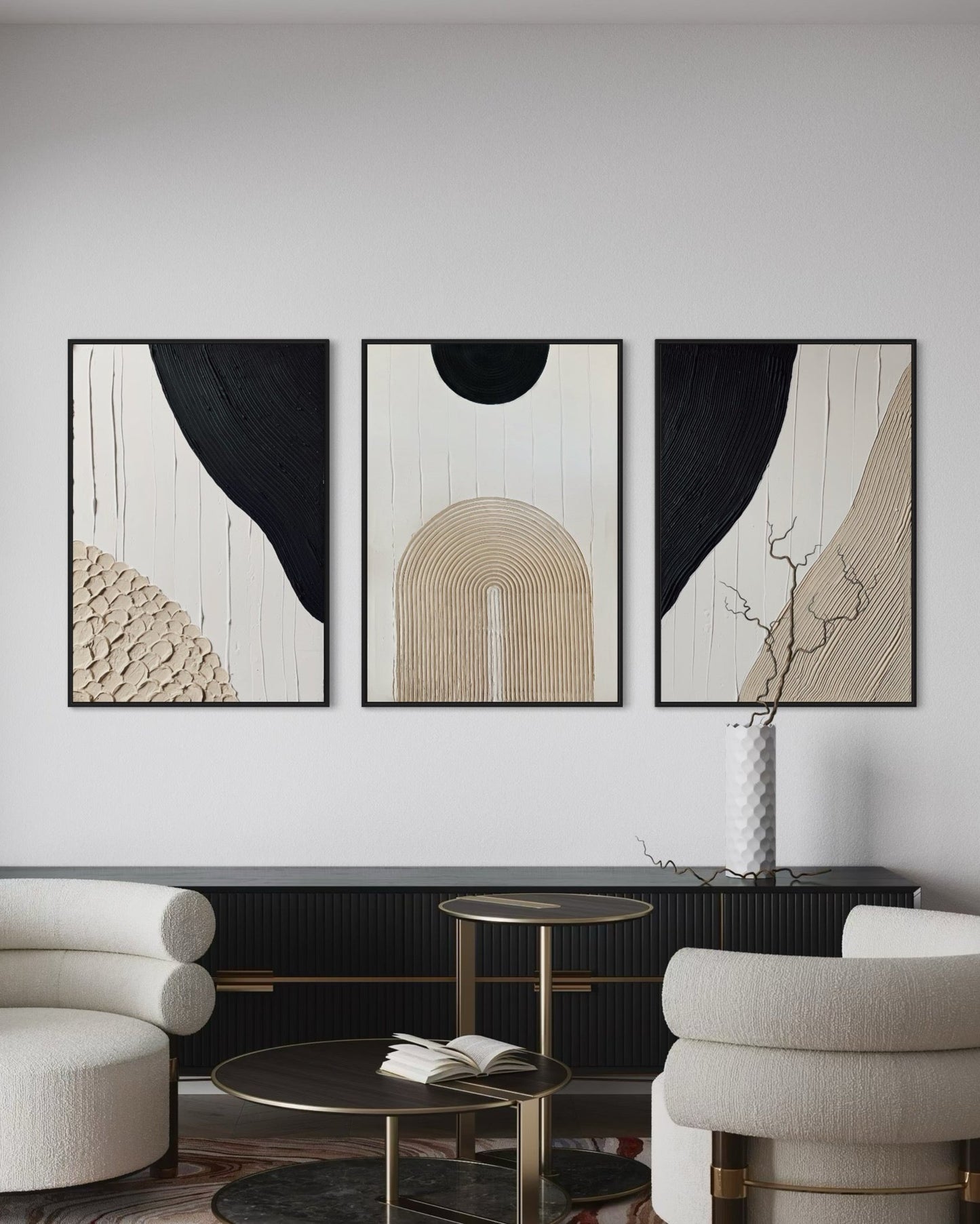 set of three in black, white, and beige – a striking collection of minimalist, modern textured art pieces that bring balance and elegance to any room.