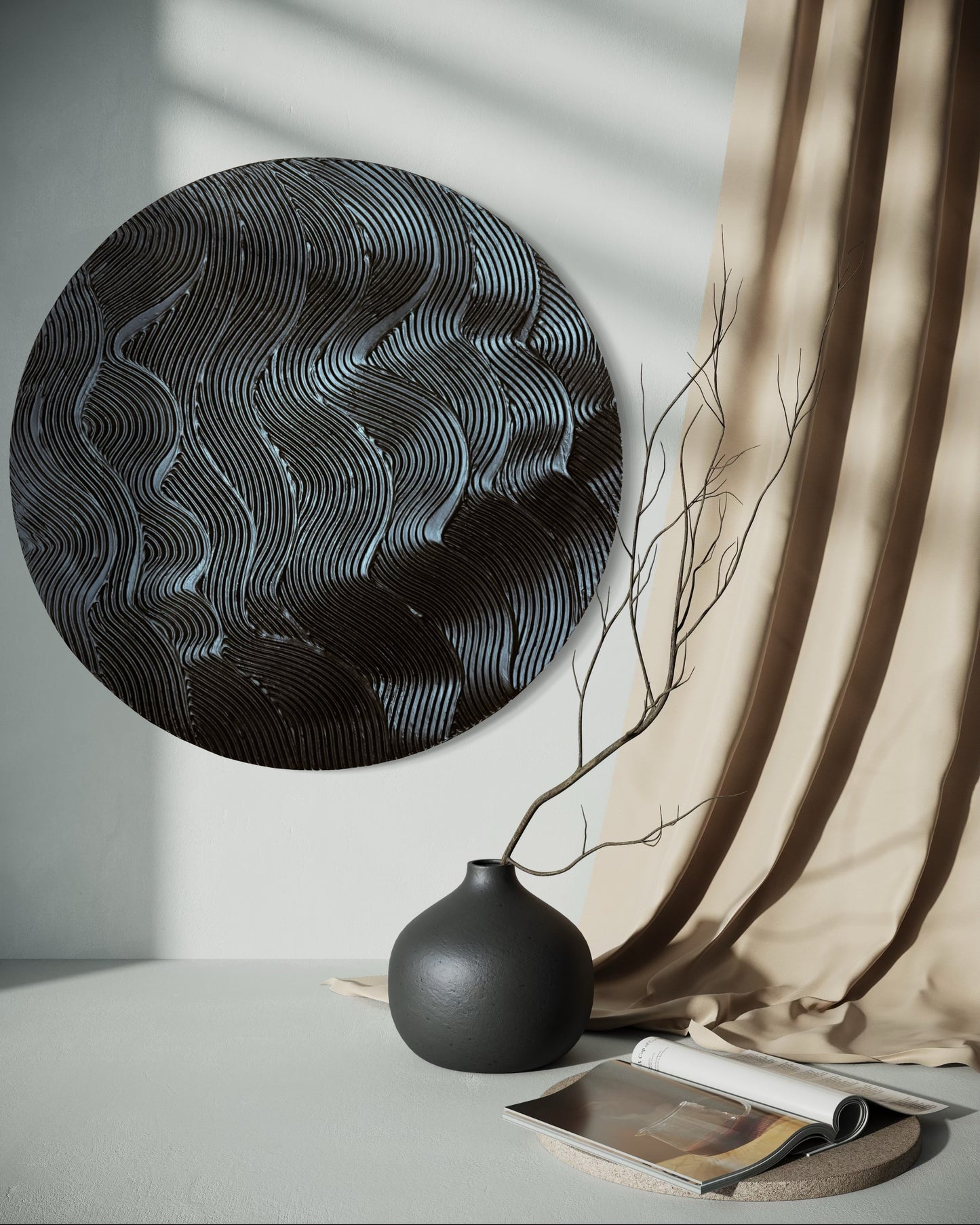 Black round textured wall art
Modern waves design canvas painting
Handcrafted 3D black artwork
Minimalist monochrome wall decor
Large circular textured art piece
Contemporary abstract black painting
No-frame modern wall art
Bold sculptural wall decor in black
Handmade black abstract waves artwork
Statement round canvas for modern interiors
