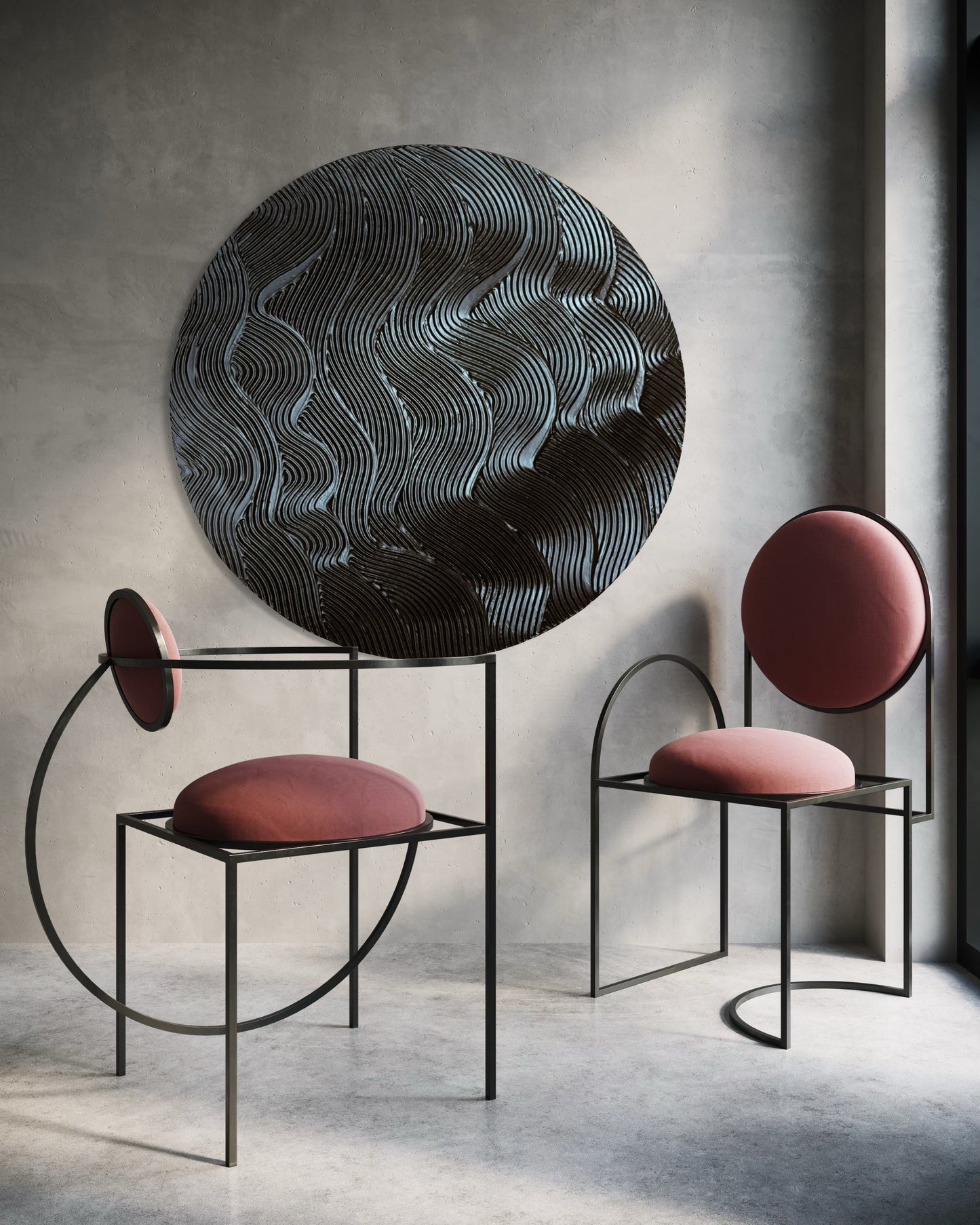 Black round textured wall art
Modern waves design canvas painting
Handcrafted 3D black artwork
Minimalist monochrome wall decor
Large circular textured art piece
Contemporary abstract black painting
No-frame modern wall art
Bold sculptural wall decor in black
Handmade black abstract waves artwork
Statement round canvas for modern interiors