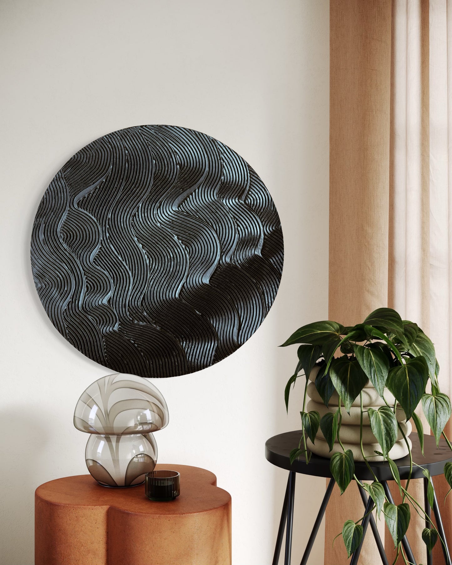 Black round textured wall art
Modern waves design canvas painting
Handcrafted 3D black artwork
Minimalist monochrome wall decor
Large circular textured art piece
Contemporary abstract black painting
No-frame modern wall art
Bold sculptural wall decor in black
Handmade black abstract waves artwork
Statement round canvas for modern interiors