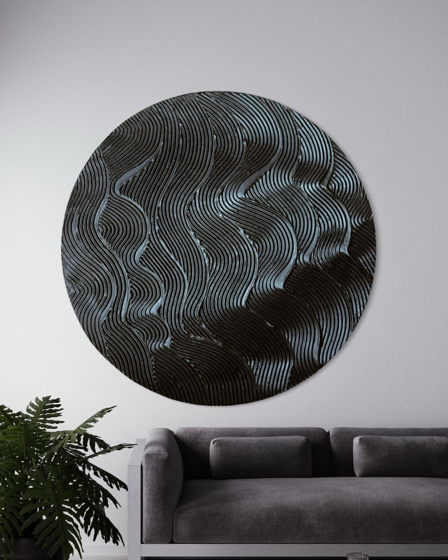 Black round textured wall art
Modern waves design canvas painting
Handcrafted 3D black artwork
Minimalist monochrome wall decor
Large circular textured art piece
Contemporary abstract black painting
No-frame modern wall art
Bold sculptural wall decor in black
Handmade black abstract waves artwork
Statement round canvas for modern interiors