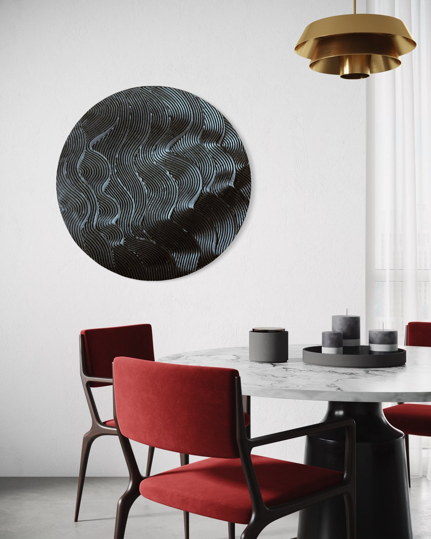Black round textured wall art
Modern waves design canvas painting
Handcrafted 3D black artwork
Minimalist monochrome wall decor
Large circular textured art piece
Contemporary abstract black painting
No-frame modern wall art
Bold sculptural wall decor in black
Handmade black abstract waves artwork
Statement round canvas for modern interiors