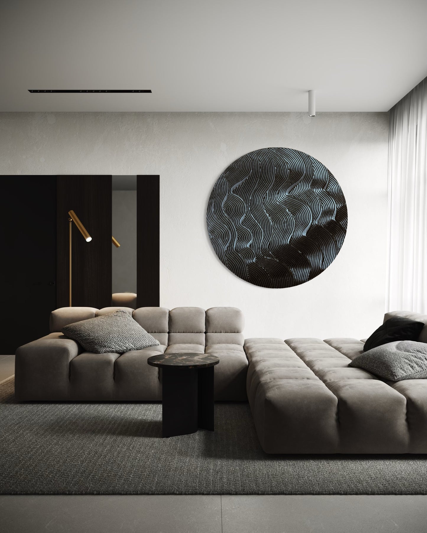 Black round textured wall art
Modern waves design canvas painting
Handcrafted 3D black artwork
Minimalist monochrome wall decor
Large circular textured art piece
Contemporary abstract black painting
No-frame modern wall art
Bold sculptural wall decor in black
Handmade black abstract waves artwork
Statement round canvas for modern interiors
