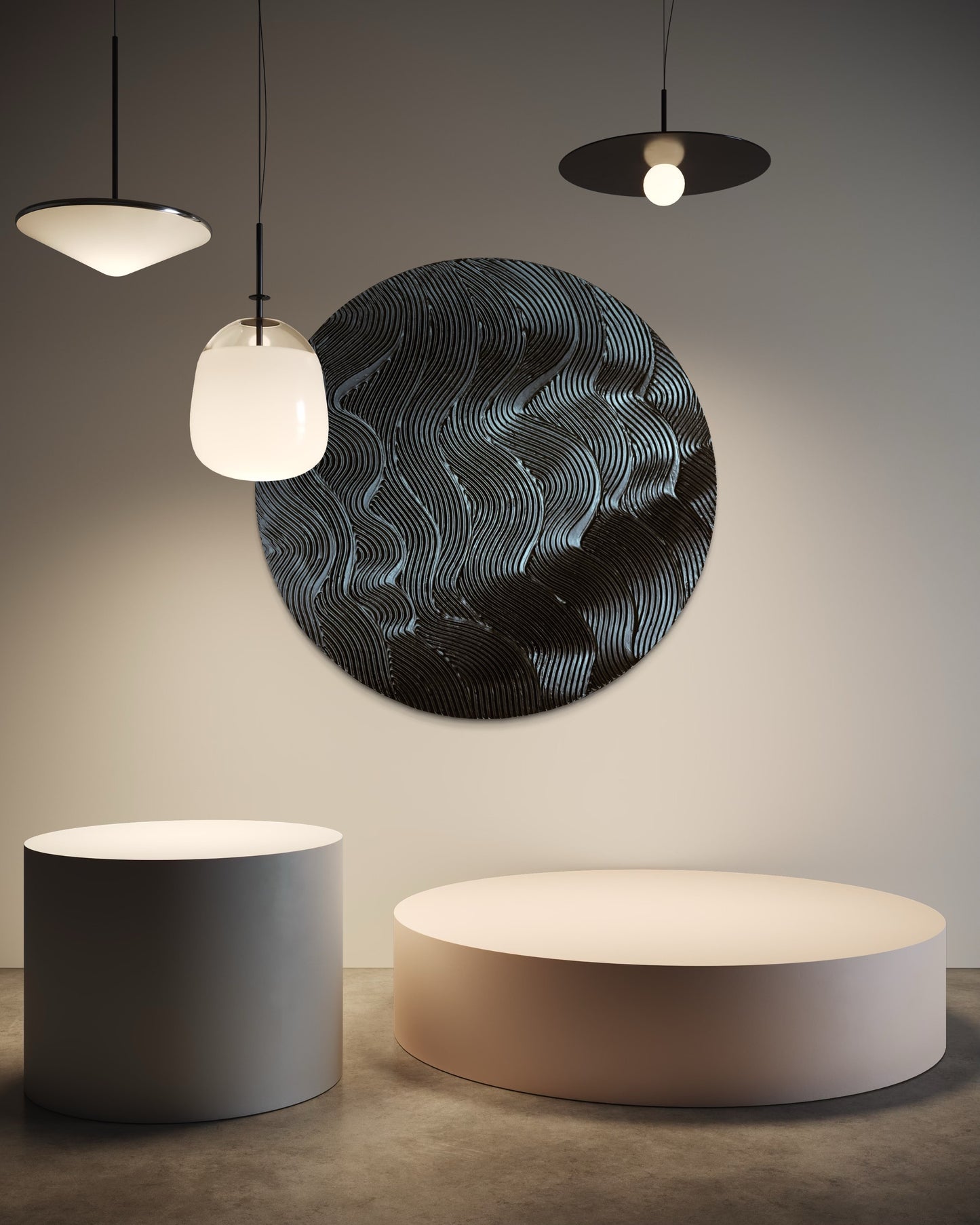 Black round textured wall art
Modern waves design canvas painting
Handcrafted 3D black artwork
Minimalist monochrome wall decor
Large circular textured art piece
Contemporary abstract black painting
No-frame modern wall art
Bold sculptural wall decor in black
Handmade black abstract waves artwork
Statement round canvas for modern interiors