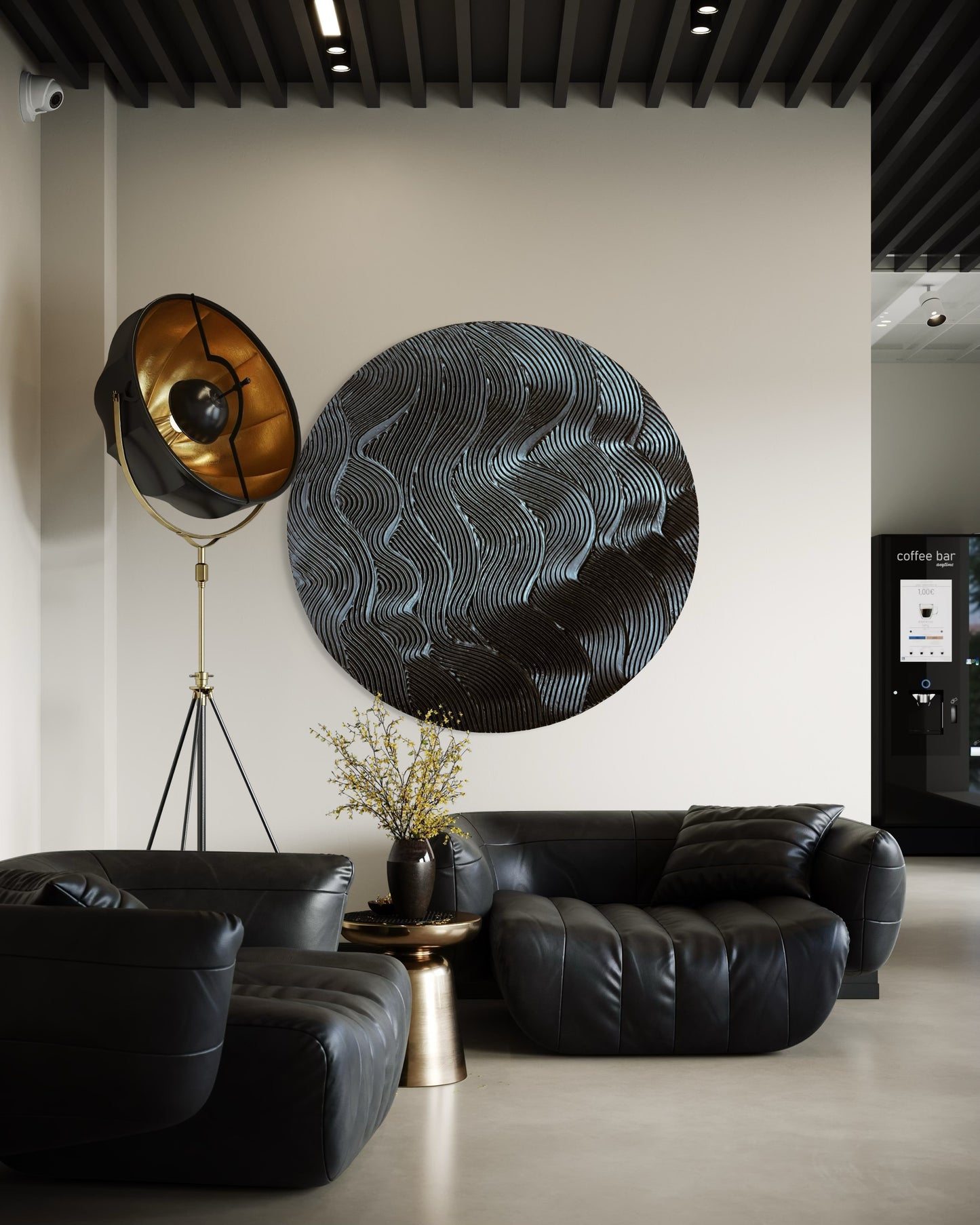 Black round textured wall art
Modern waves design canvas painting
Handcrafted 3D black artwork
Minimalist monochrome wall decor
Large circular textured art piece
Contemporary abstract black painting
No-frame modern wall art
Bold sculptural wall decor in black
Handmade black abstract waves artwork
Statement round canvas for modern interiors