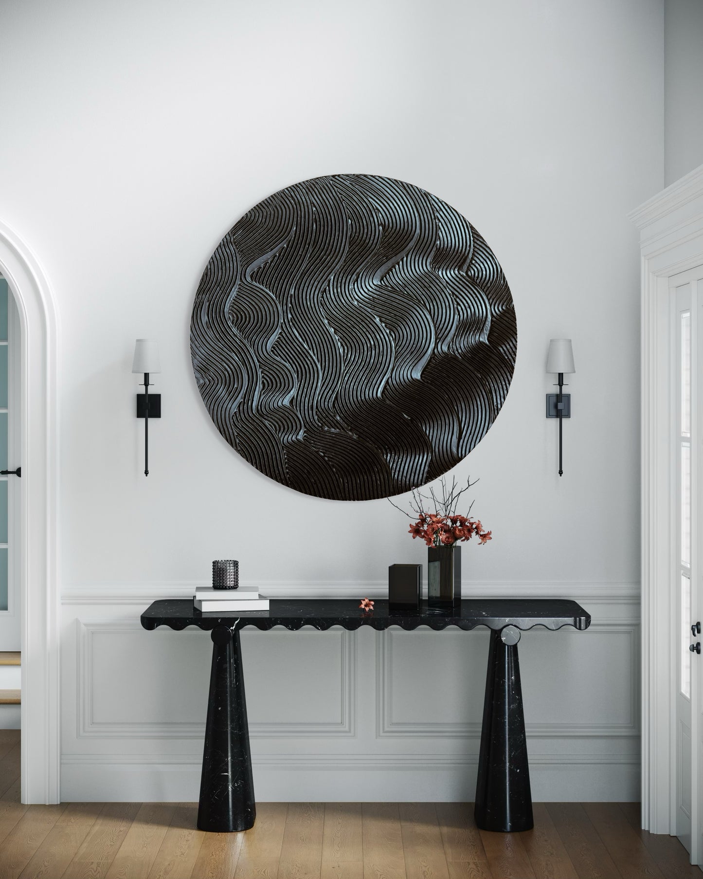 Black round textured wall art
Modern waves design canvas painting
Handcrafted 3D black artwork
Minimalist monochrome wall decor
Large circular textured art piece
Contemporary abstract black painting
No-frame modern wall art
Bold sculptural wall decor in black
Handmade black abstract waves artwork
Statement round canvas for modern interiors