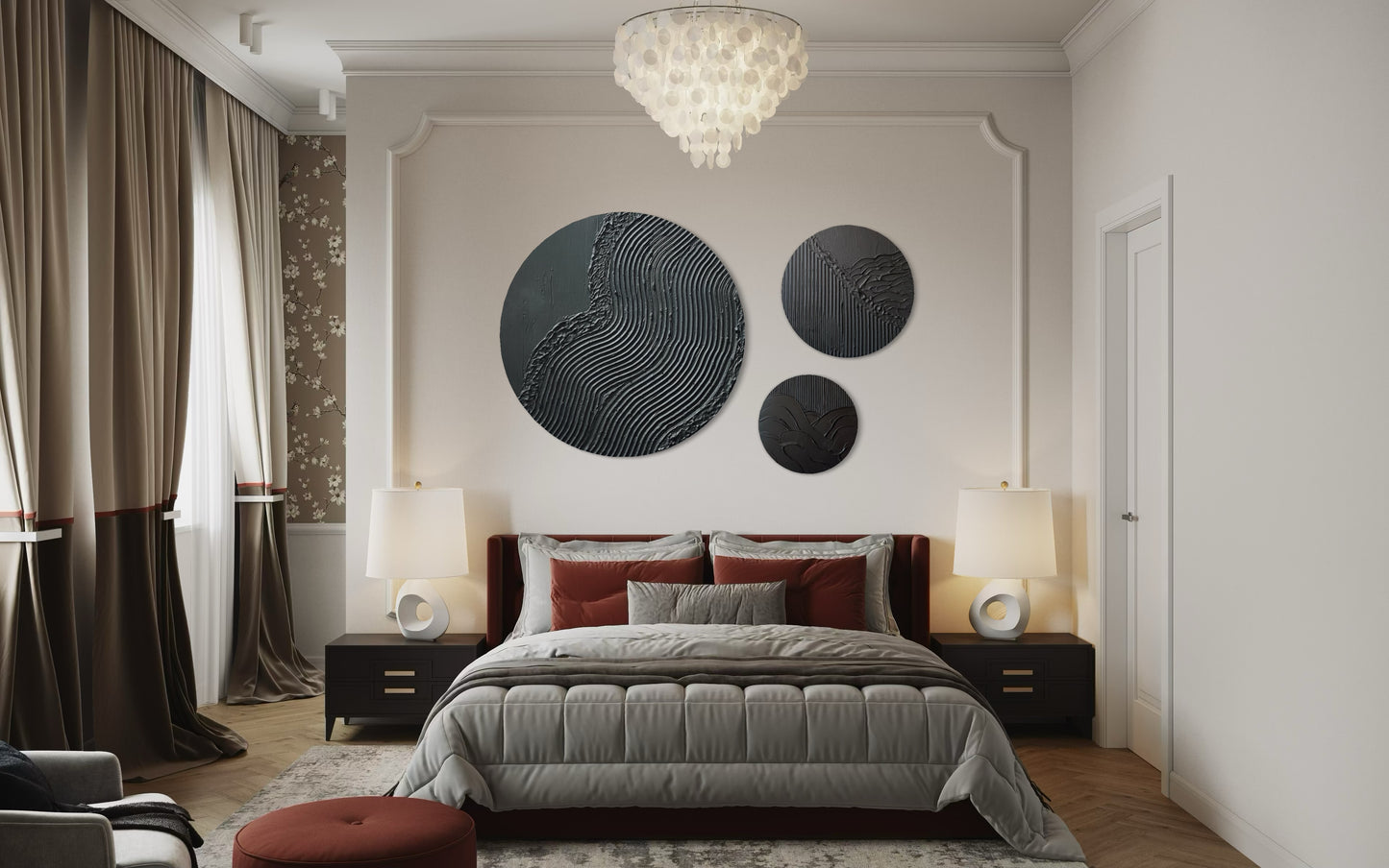 Set of 3 black round wall art
Minimalist textured canvas trio
Handcrafted 3D wall art set
Scandinavian-inspired round decor
Black textured canvas paintings
Large modern round wall art set
Elegant black wall decor
Contemporary 3D round artworks