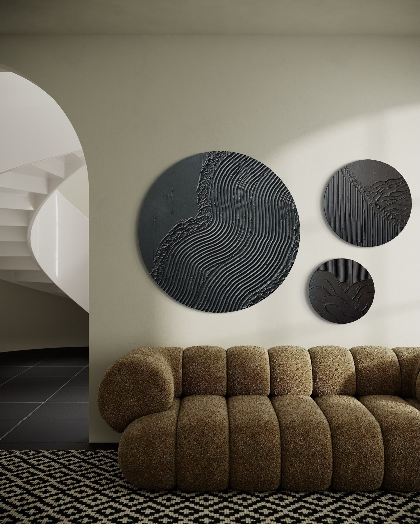 Set of 3 black round wall art
Minimalist textured canvas trio
Handcrafted 3D wall art set
Scandinavian-inspired round decor
Black textured canvas paintings
Large modern round wall art set
Elegant black wall decor
Contemporary 3D round artworks