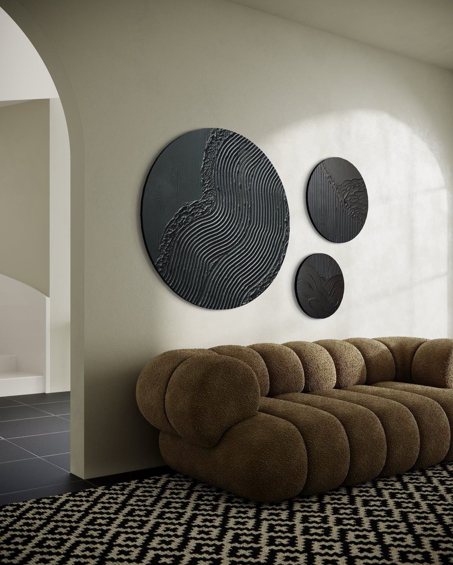 Set of 3 black round wall art
Minimalist textured canvas trio
Handcrafted 3D wall art set
Scandinavian-inspired round decor
Black textured canvas paintings
Large modern round wall art set
Elegant black wall decor
Contemporary 3D round artworks