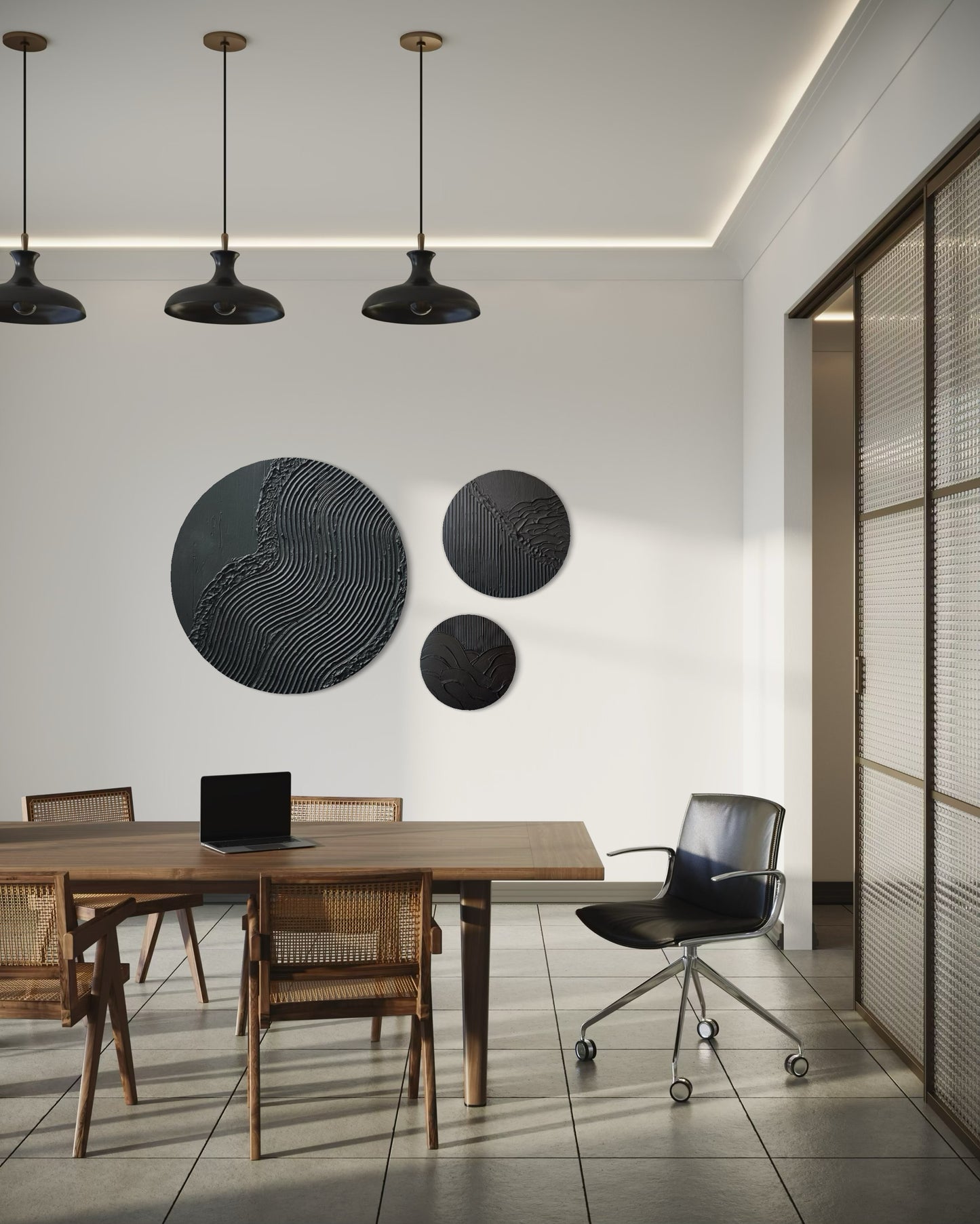 Set of 3 black round wall art
Minimalist textured canvas trio
Handcrafted 3D wall art set
Scandinavian-inspired round decor
Black textured canvas paintings
Large modern round wall art set
Elegant black wall decor
Contemporary 3D round artworks