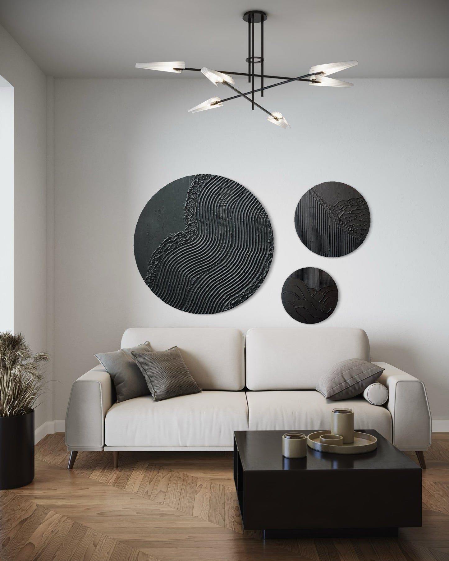 Set of 3 black round wall art
Minimalist textured canvas trio
Handcrafted 3D wall art set
Scandinavian-inspired round decor
Black textured canvas paintings
Large modern round wall art set
Elegant black wall decor
Contemporary 3D round artworks