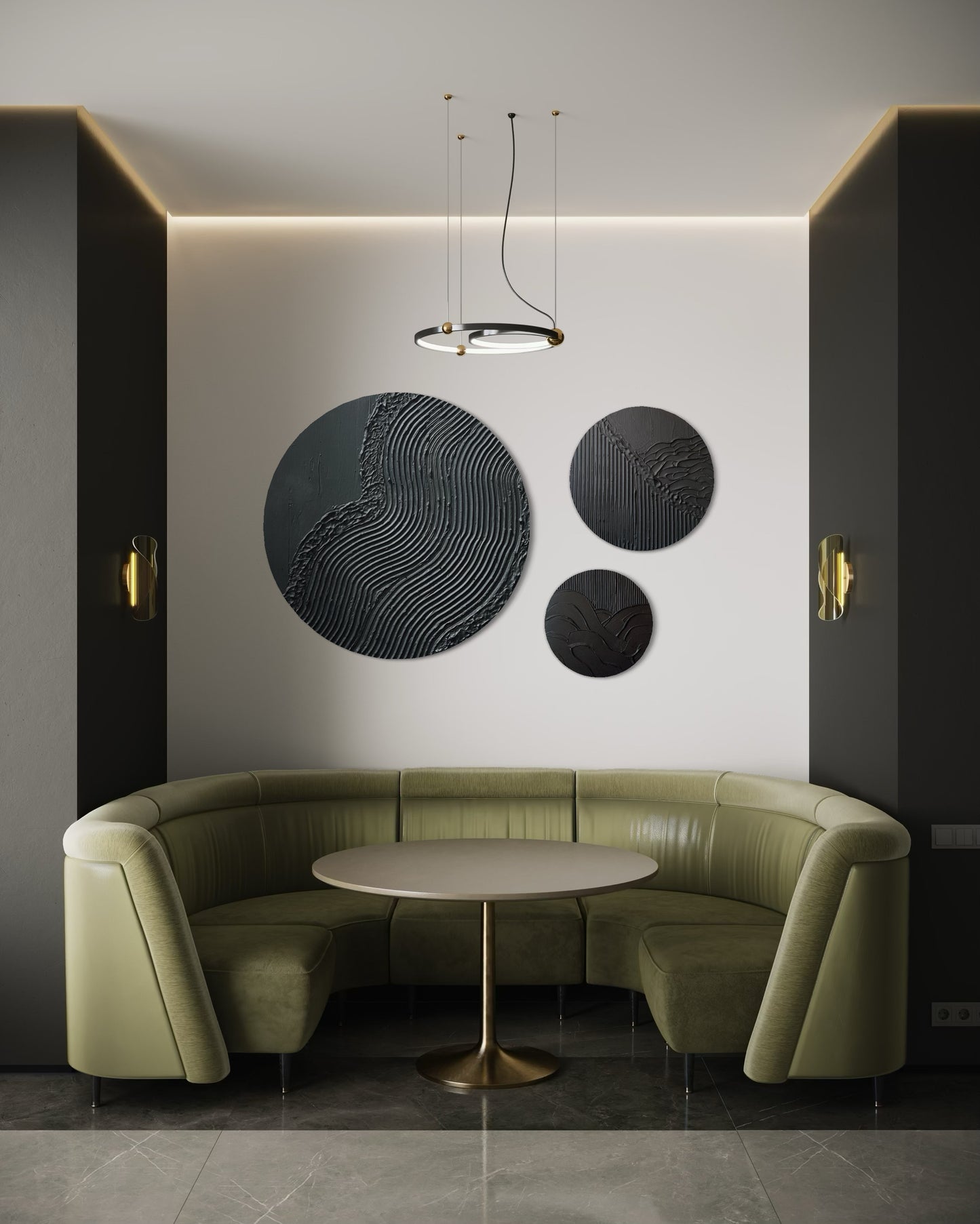 Set of 3 black round wall art
Minimalist textured canvas trio
Handcrafted 3D wall art set
Scandinavian-inspired round decor
Black textured canvas paintings
Large modern round wall art set
Elegant black wall decor
Contemporary 3D round artworks