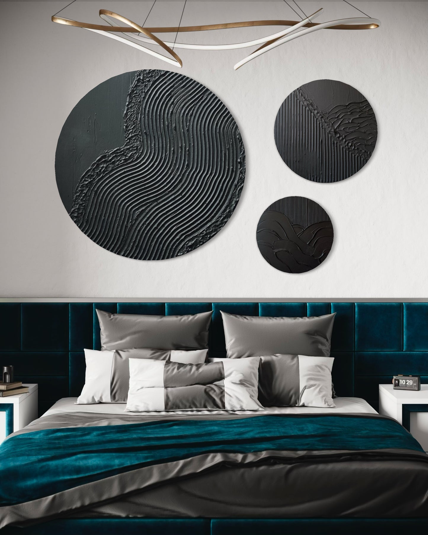 Set of 3 black round wall art
Minimalist textured canvas trio
Handcrafted 3D wall art set
Scandinavian-inspired round decor
Black textured canvas paintings
Large modern round wall art set
Elegant black wall decor
Contemporary 3D round artworks